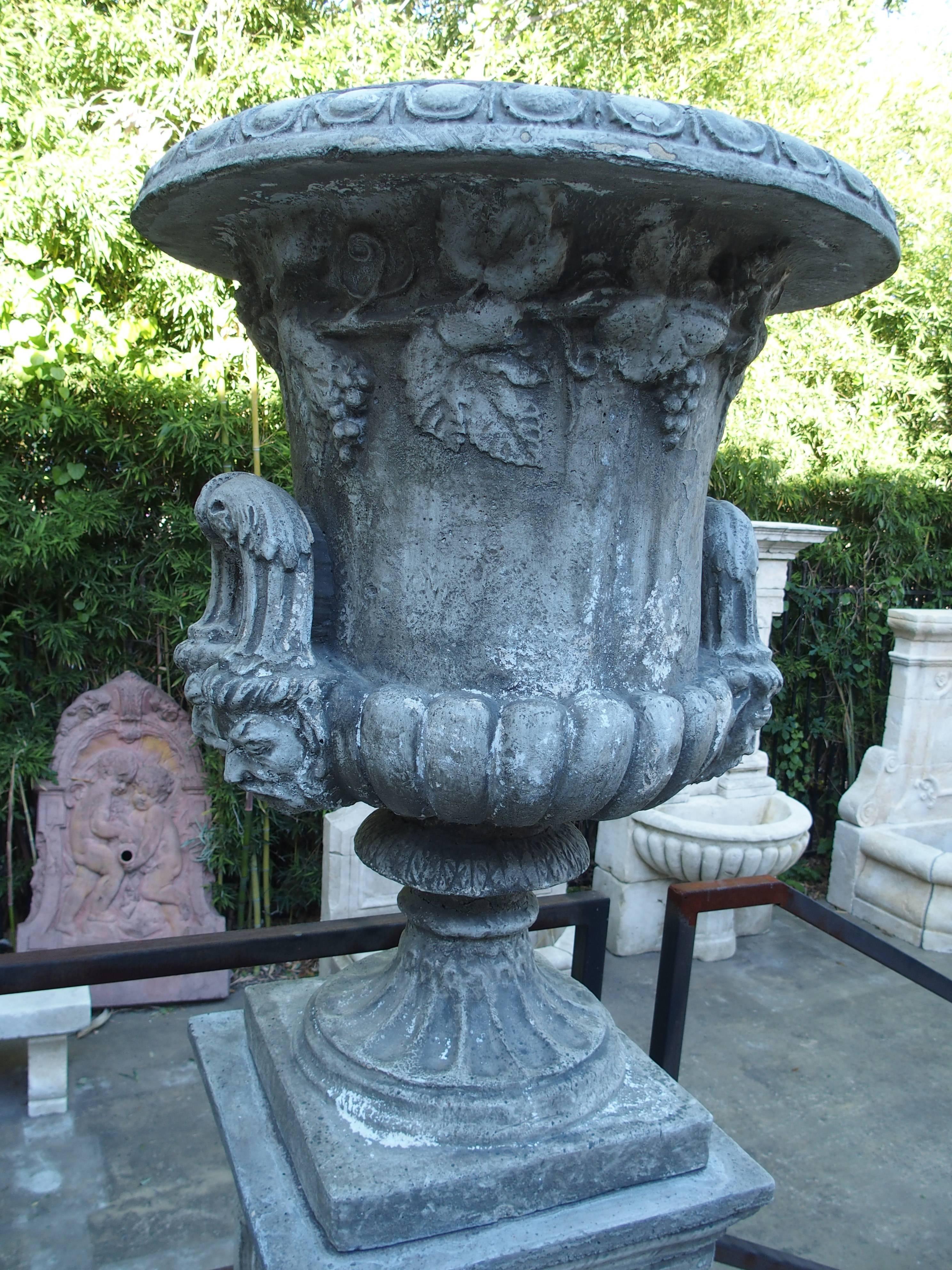 Hand-Painted Pair of Large Medici Style Urns on Pedestals from France