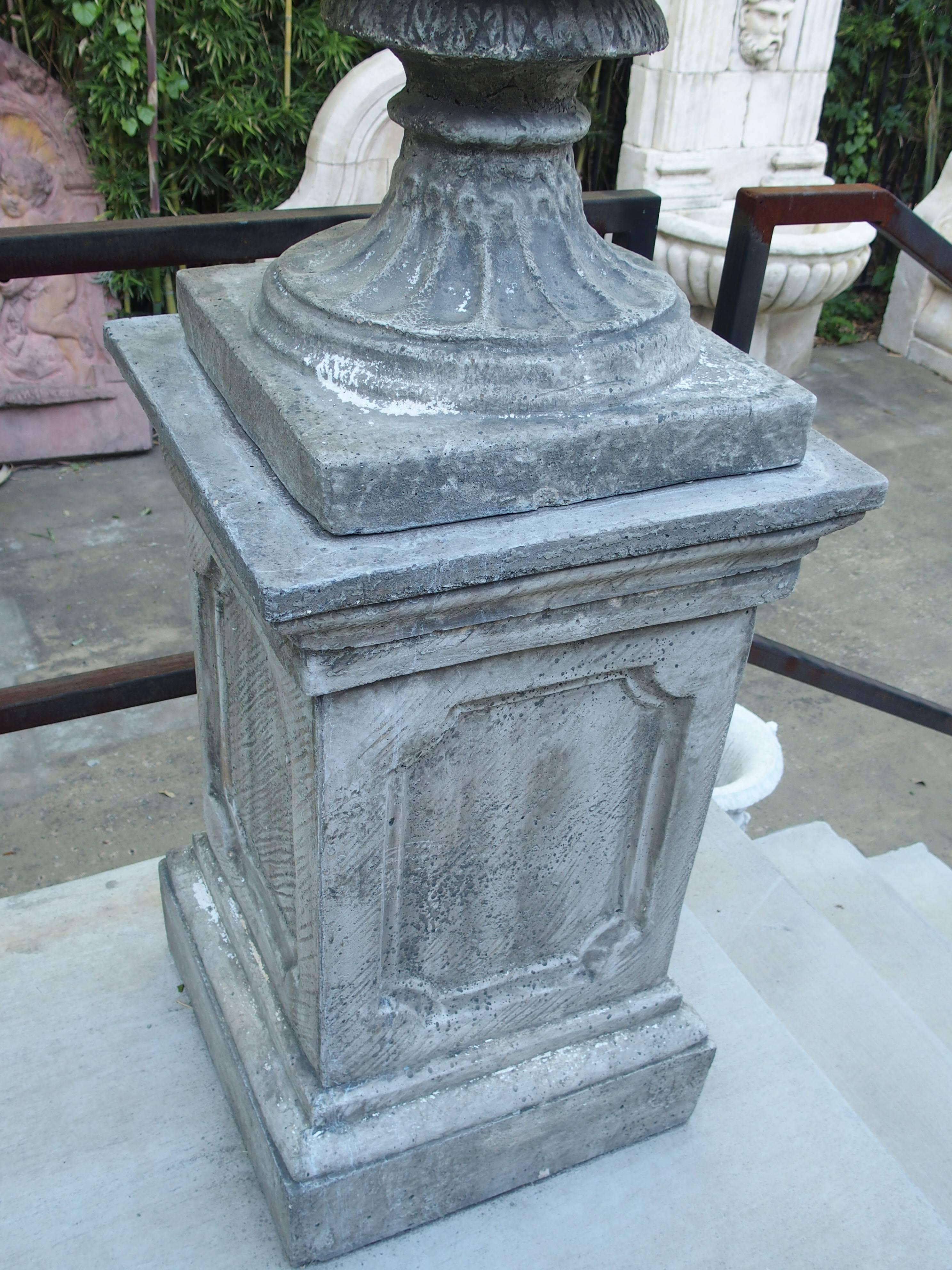 Cast Stone Pair of Large Medici Style Urns on Pedestals from France