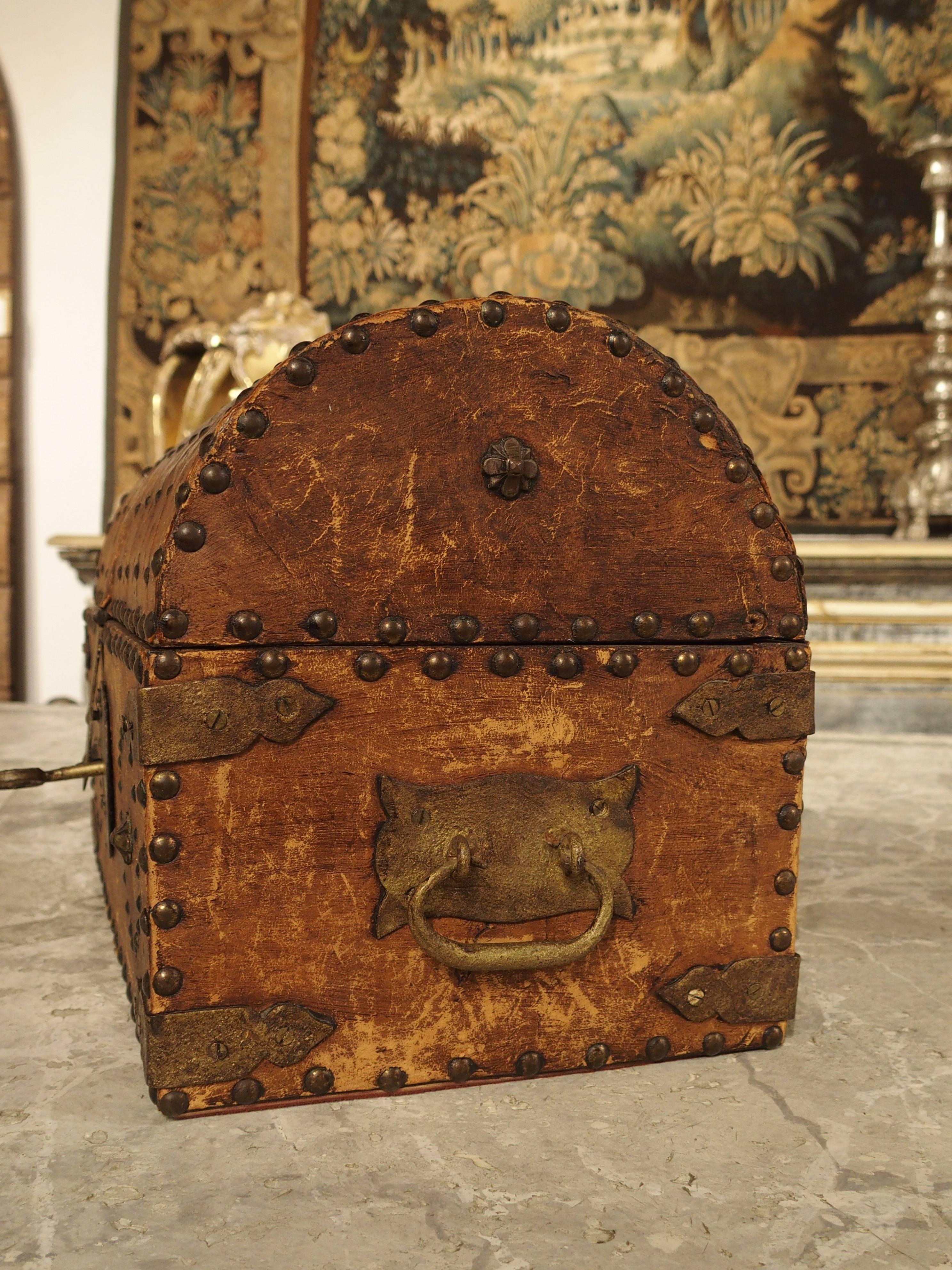 Spanish Small Antique European Leather Tabletop Trunk