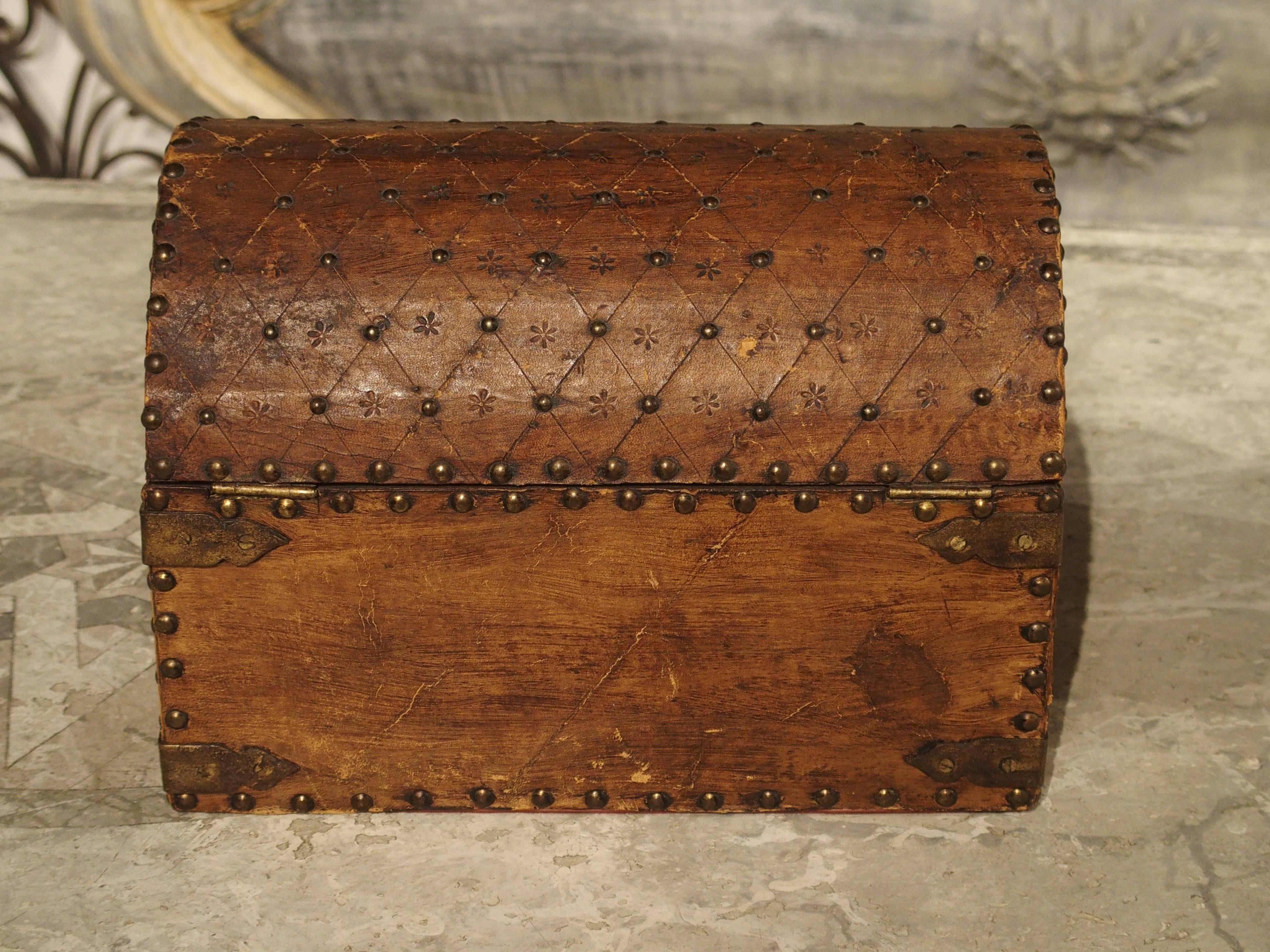 Wood Small Antique European Leather Tabletop Trunk