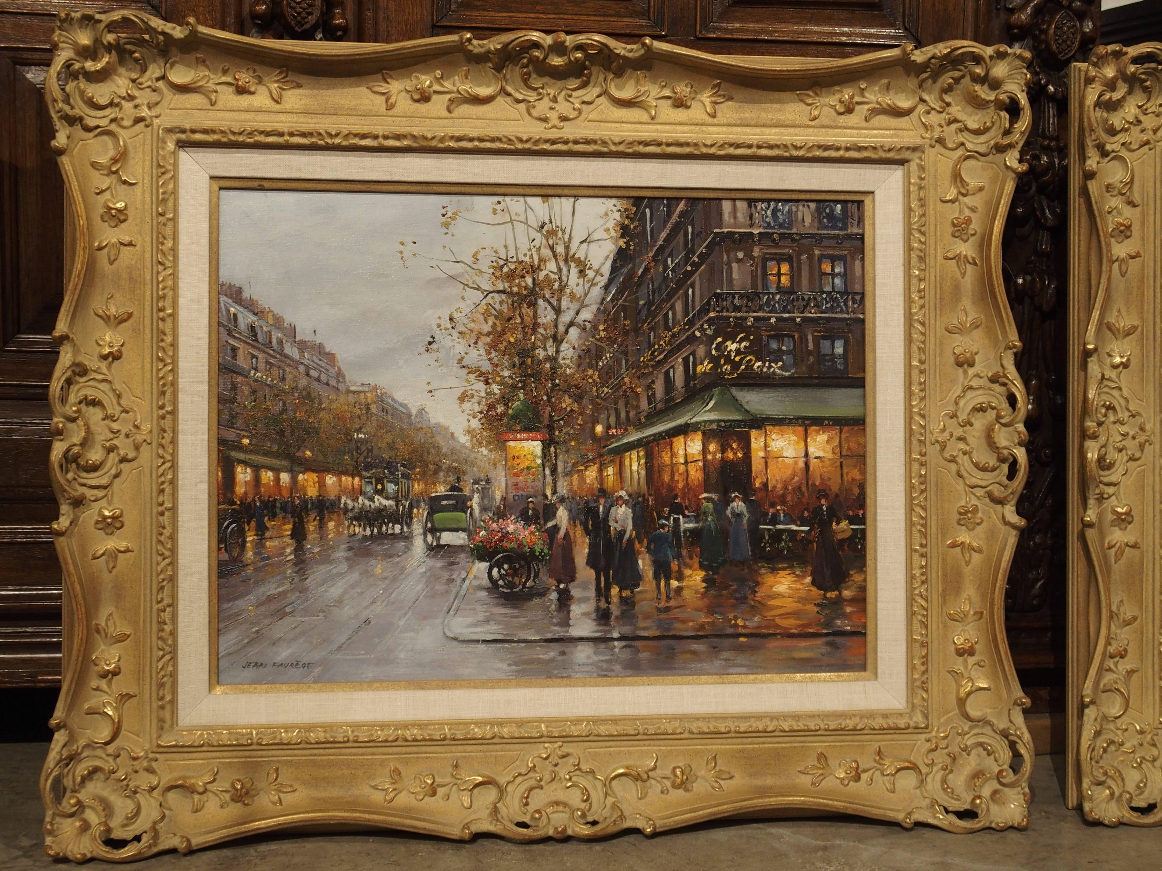 These elegant, framed oil paintings depict scenes of 19th century Paris, France. Glistening early evening lights from shops and cafes highlight the wet streets from a recent rain on both paintings. People, horse drawn carriages, flower carts and