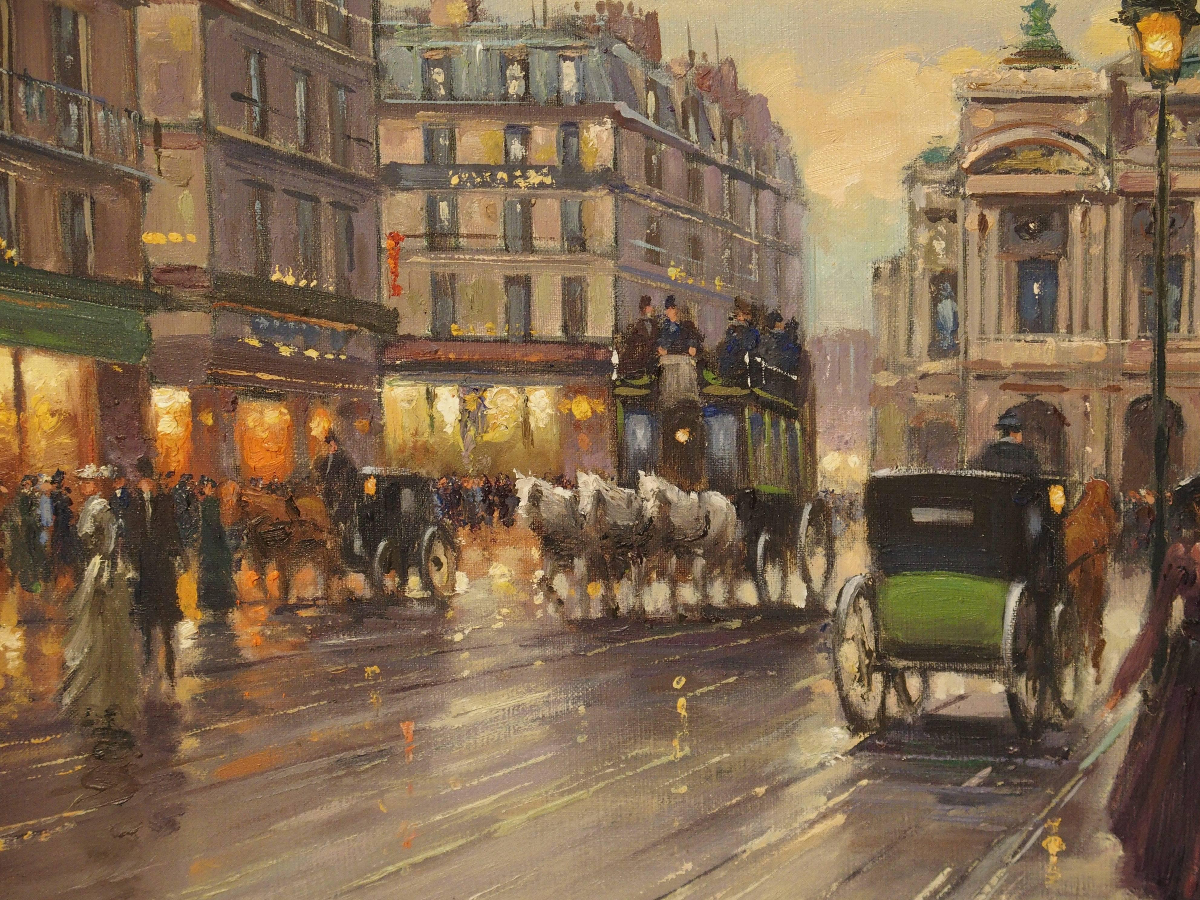 Paire de peintures de scènes de rue parisiennes:: années 1900 Excellent état à Dallas, TX