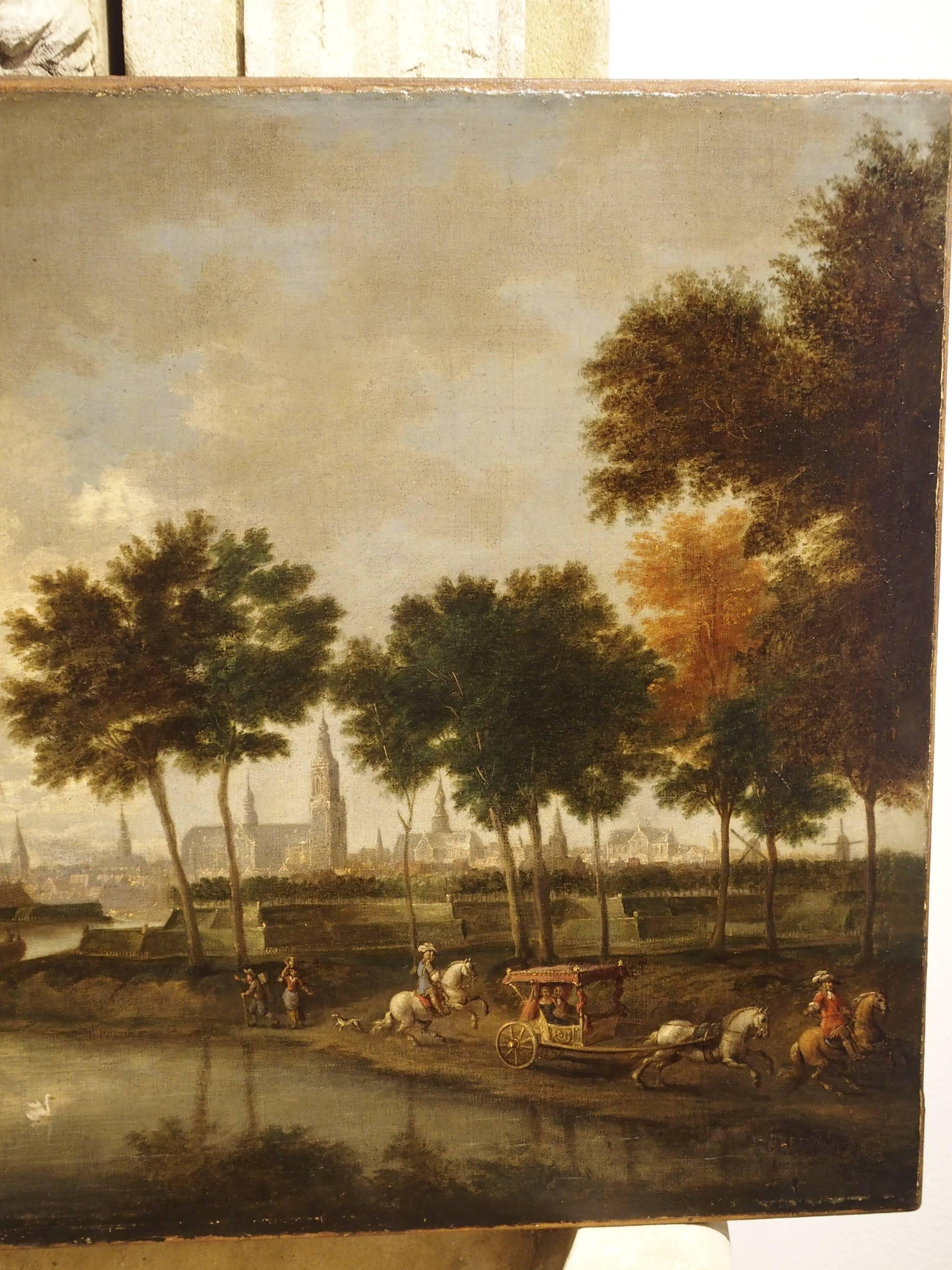 This antique Dutch oil on canvas depicts a bustling harbor scene with various boats arriving with goods or being moored. In the water are two white swans leisurely swimming around all of the activity. On the shoreline, there is a horse drawn