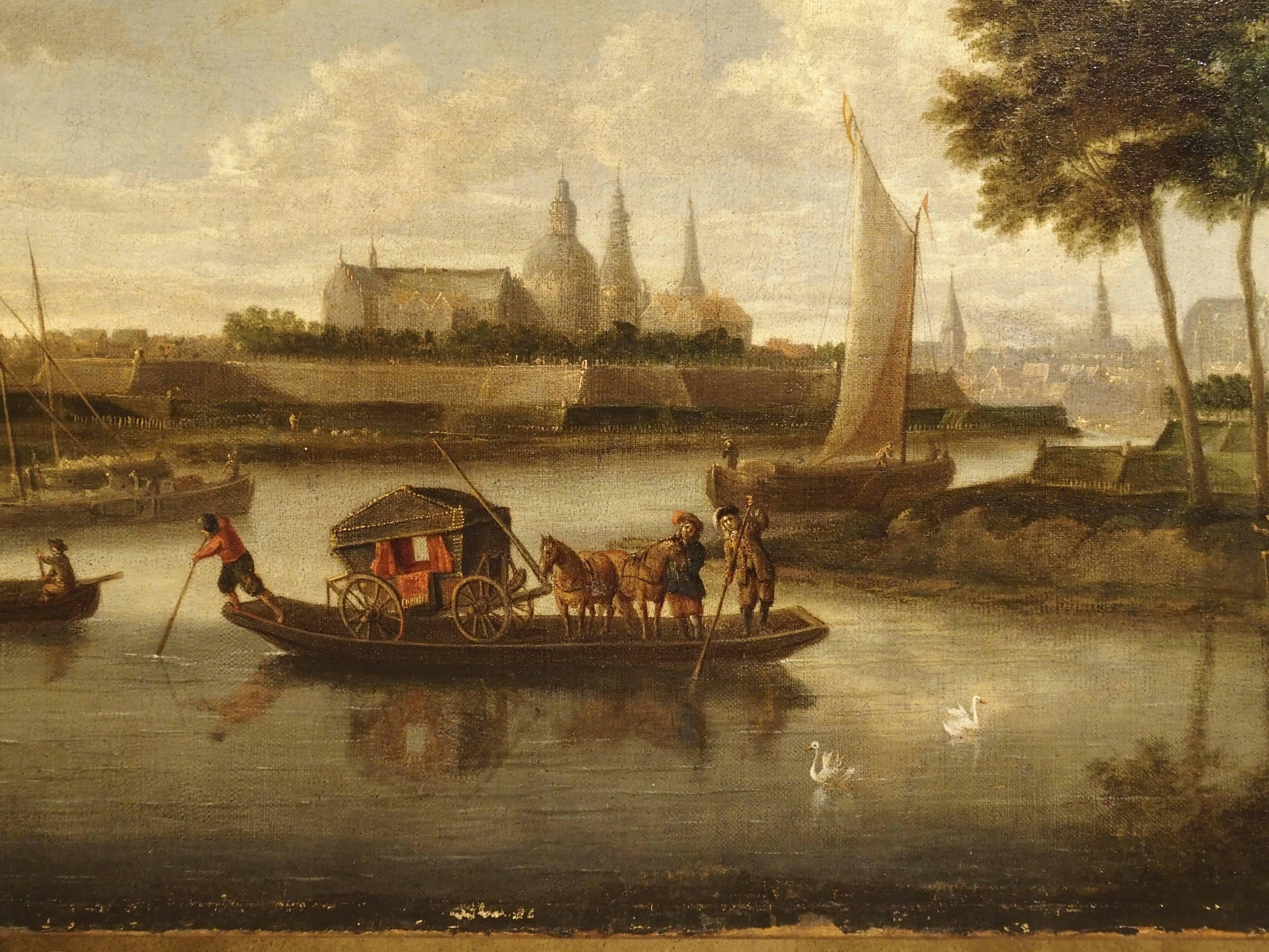 Antique Dutch River Scene Painting, Oil on Canvas Circa 1800 In Good Condition In Dallas, TX
