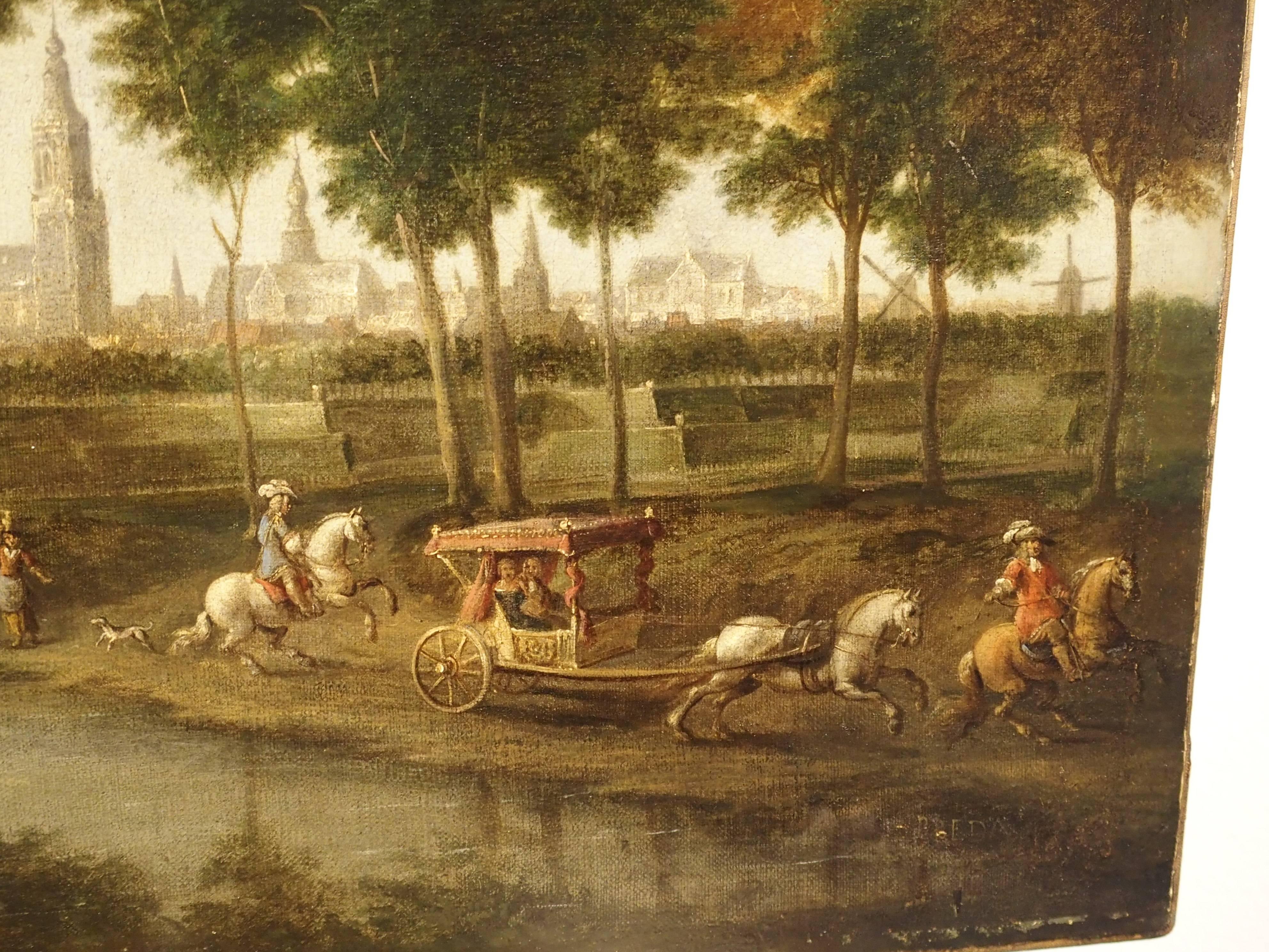 Early 19th Century Antique Dutch River Scene Painting, Oil on Canvas Circa 1800