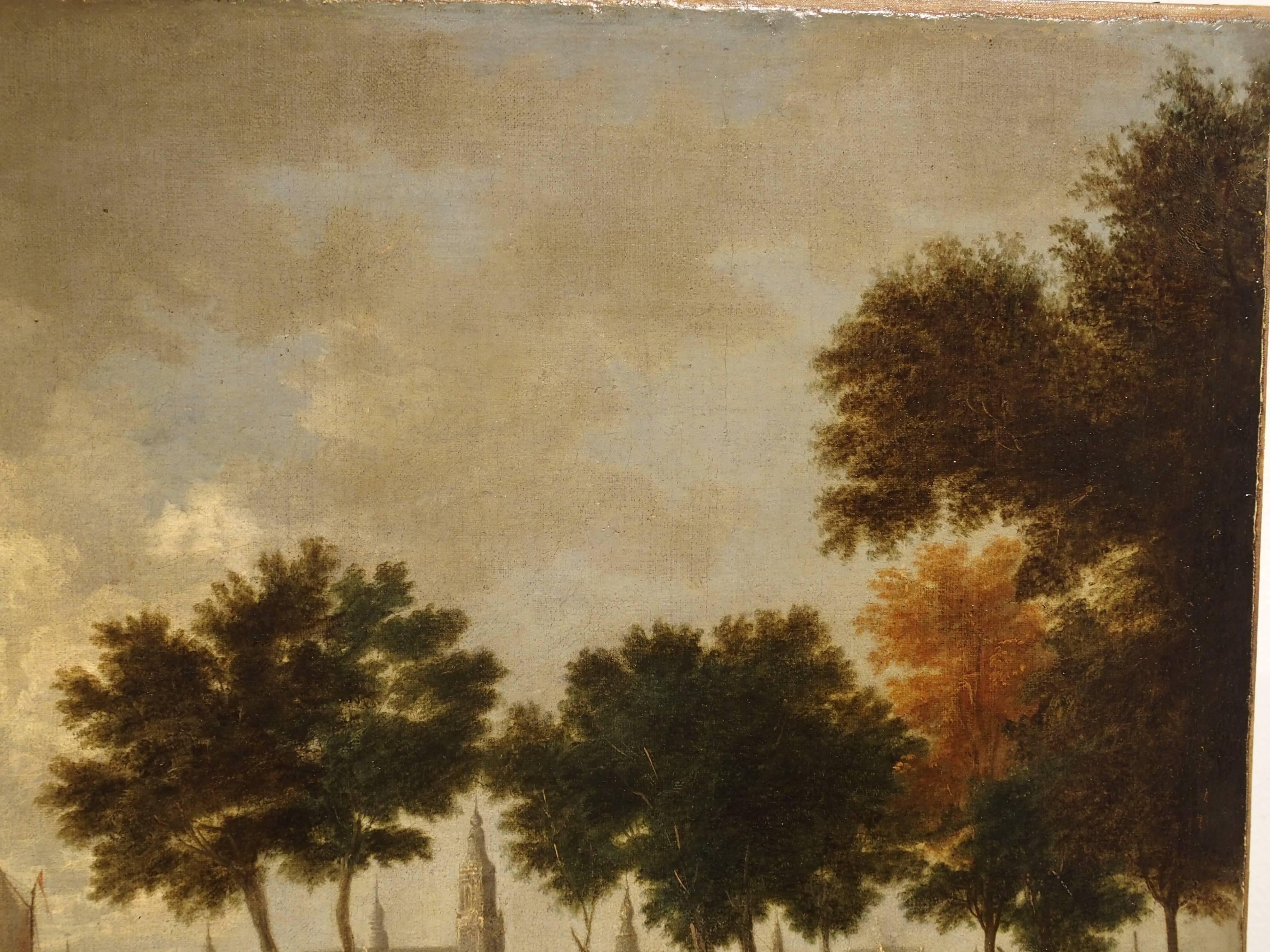 Antique Dutch River Scene Painting, Oil on Canvas Circa 1800 1