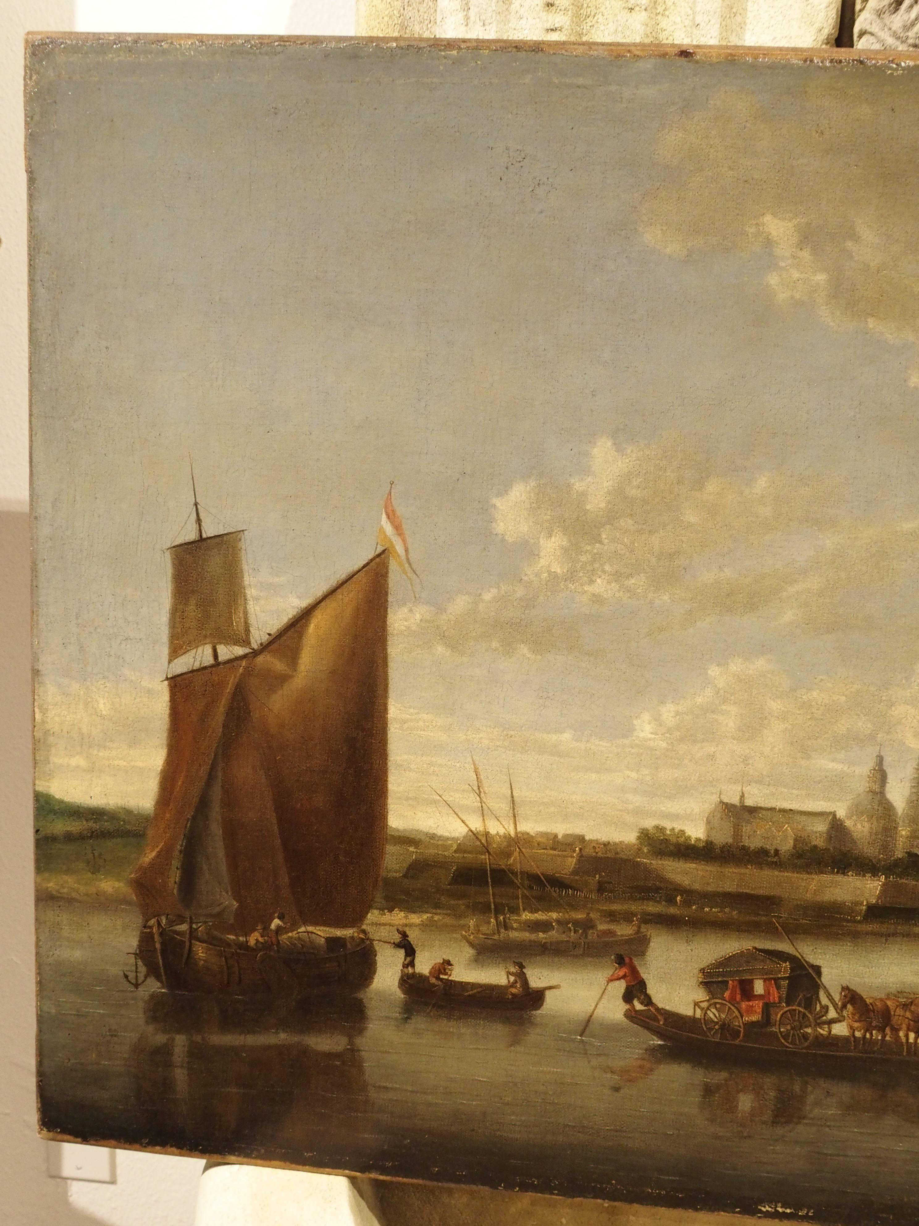 Antique Dutch River Scene Painting, Oil on Canvas Circa 1800 3