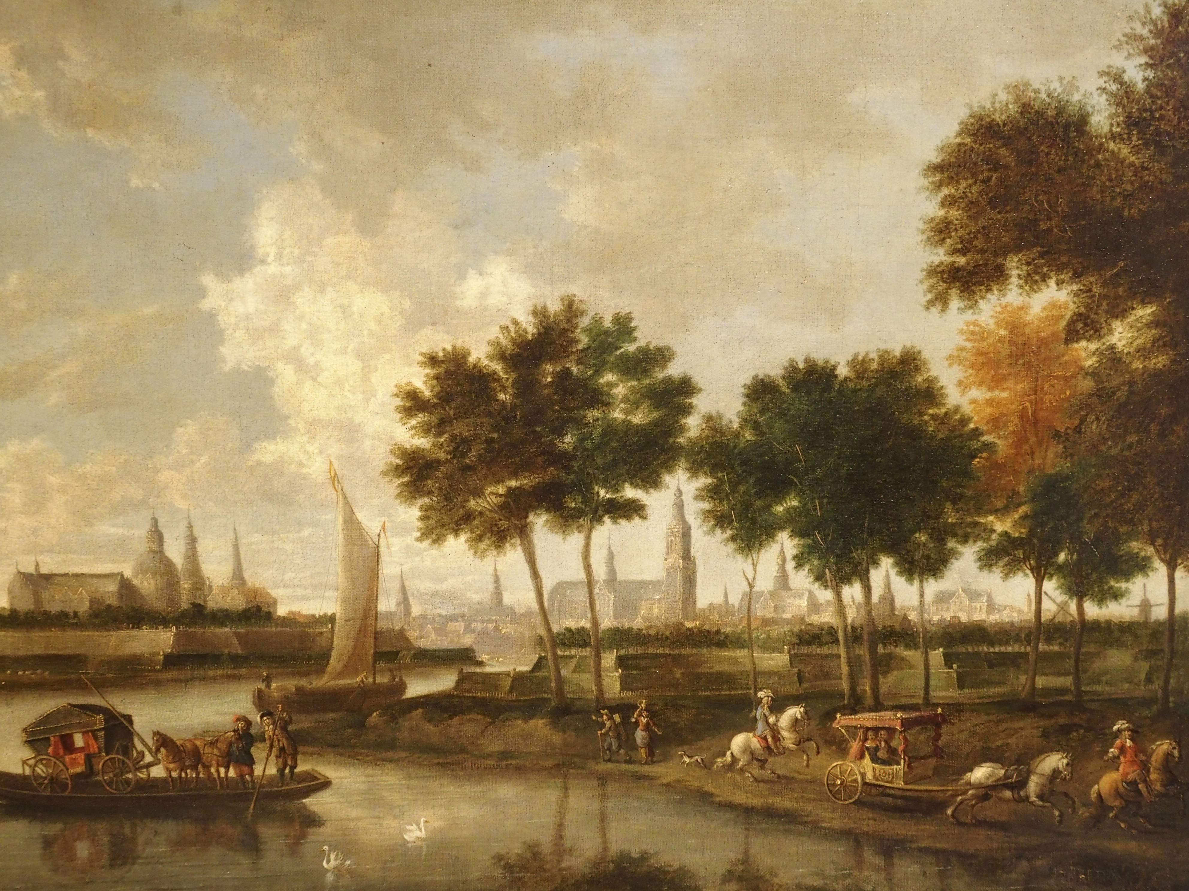 Antique Dutch River Scene Painting, Oil on Canvas Circa 1800 4