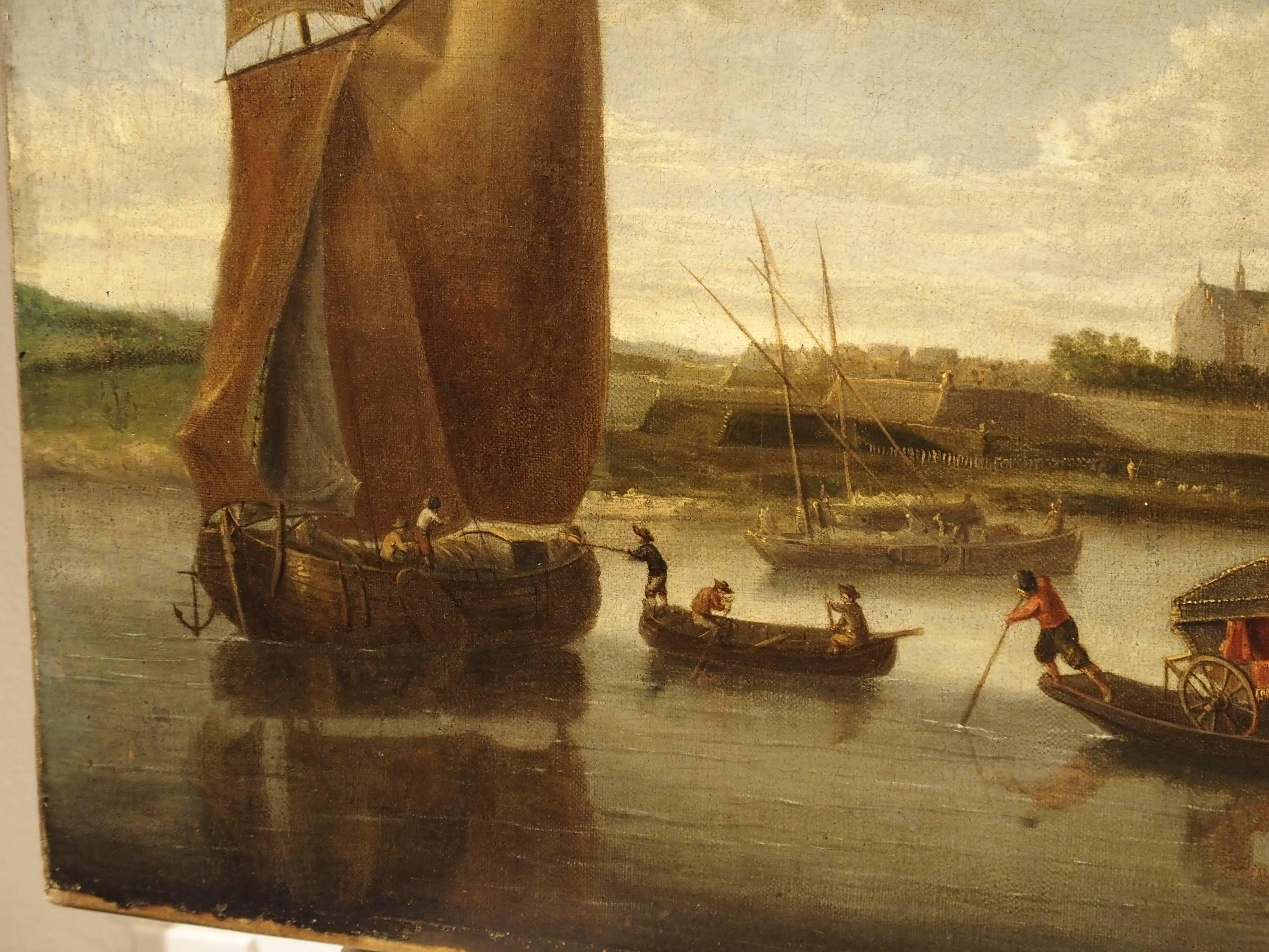 Antique Dutch River Scene Painting, Oil on Canvas Circa 1800 2