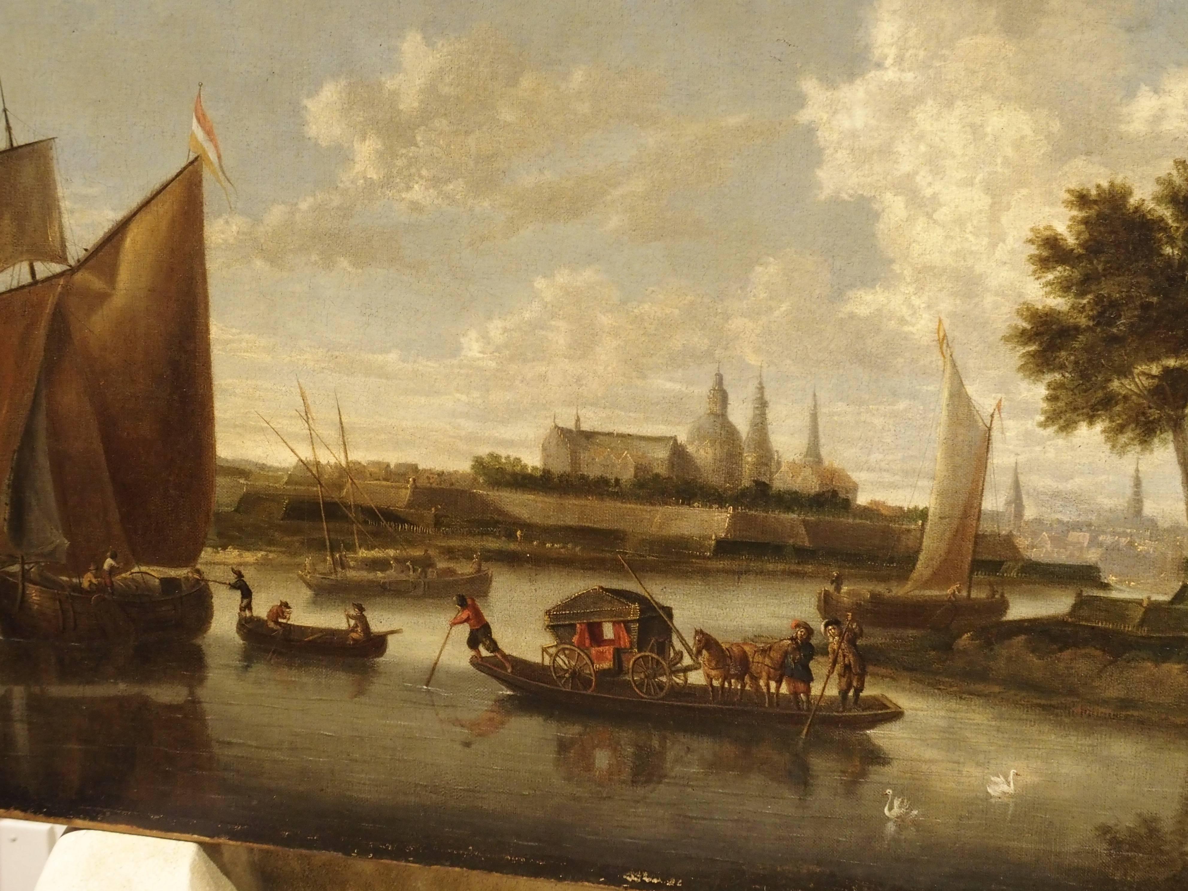 Antique Dutch River Scene Painting, Oil on Canvas Circa 1800 5