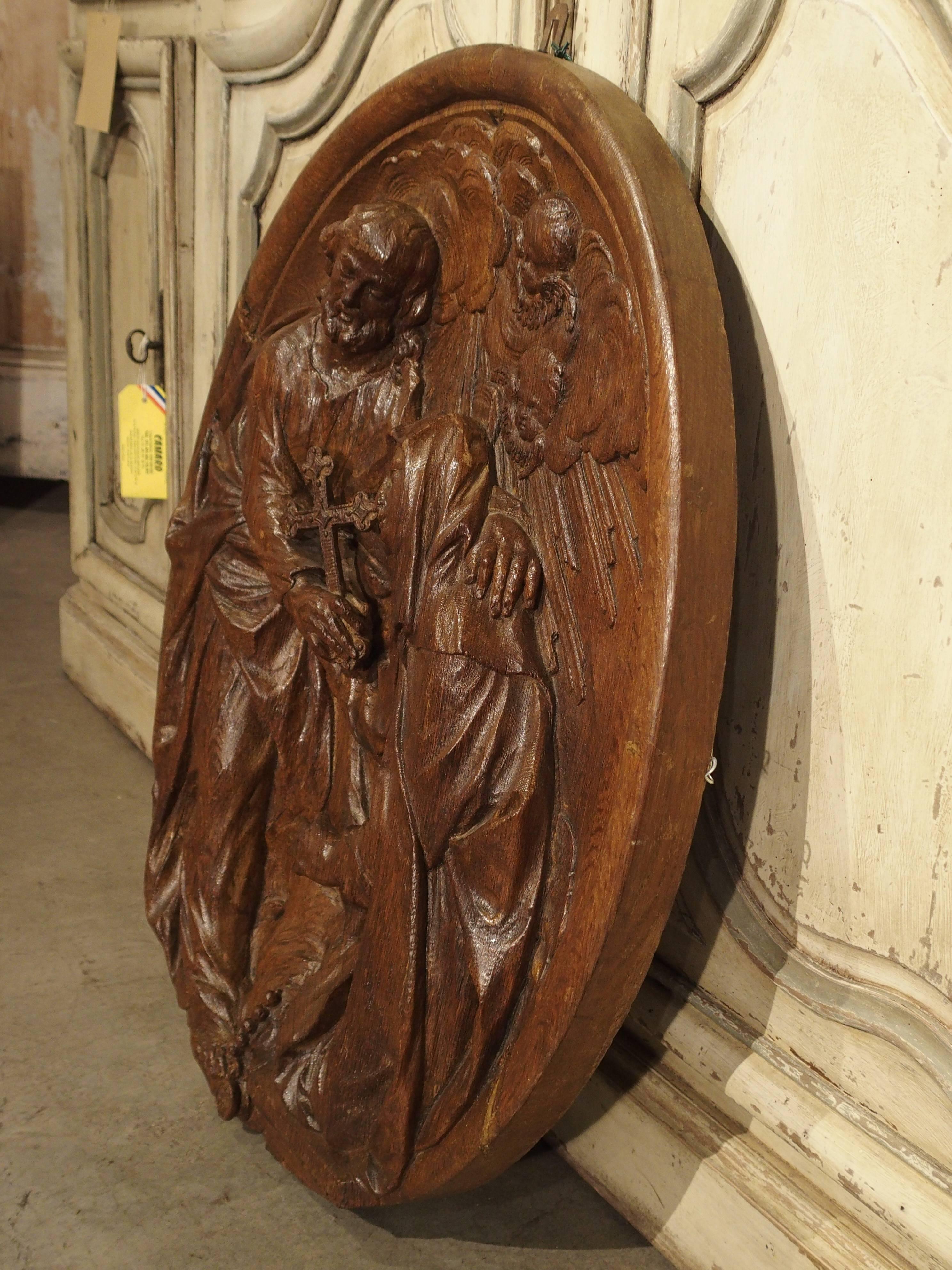 Carved 18th Century Oval Wooden Religious Plaque from France 1