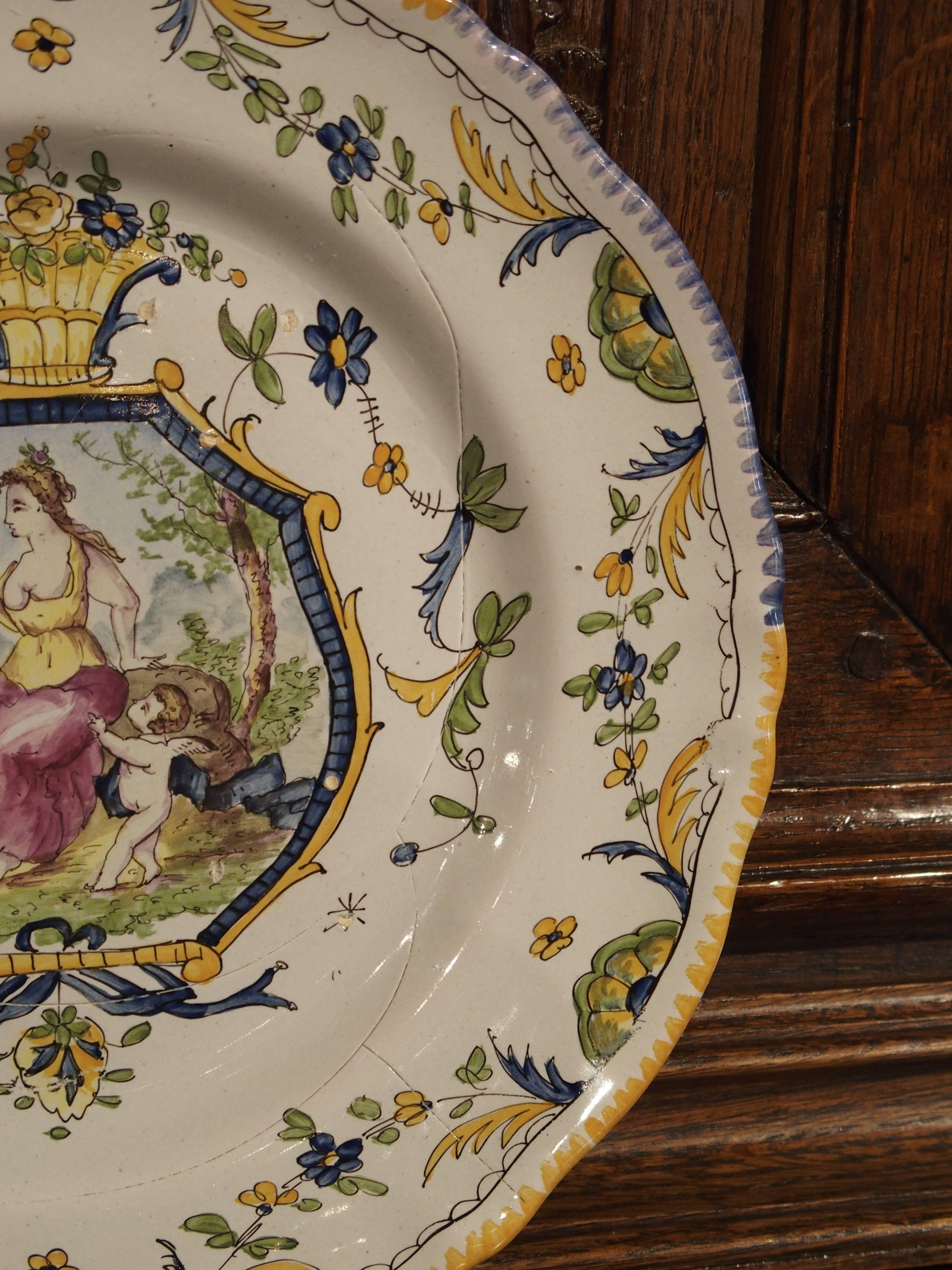 Hand-Painted French Faience 18th Century Reproduction Plate, Mid-1900s In Good Condition In Dallas, TX