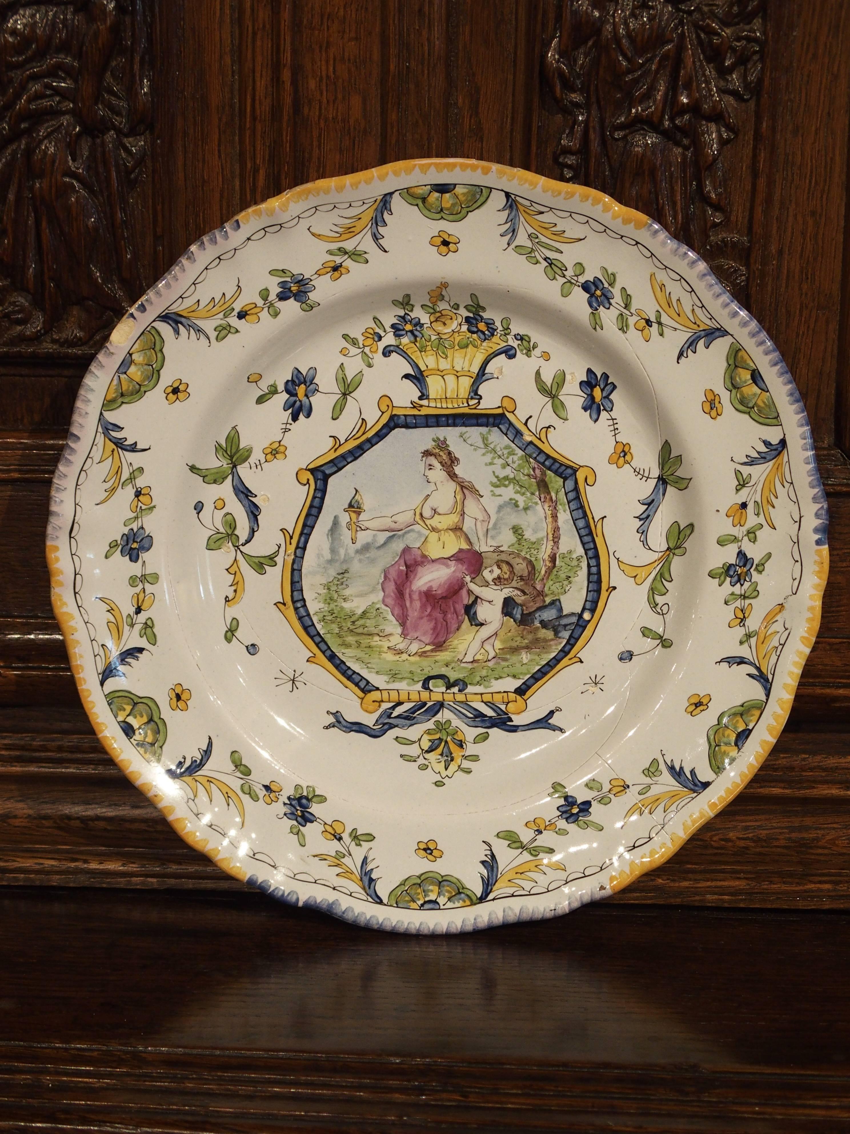 20th Century Hand-Painted French Faience 18th Century Reproduction Plate, Mid-1900s