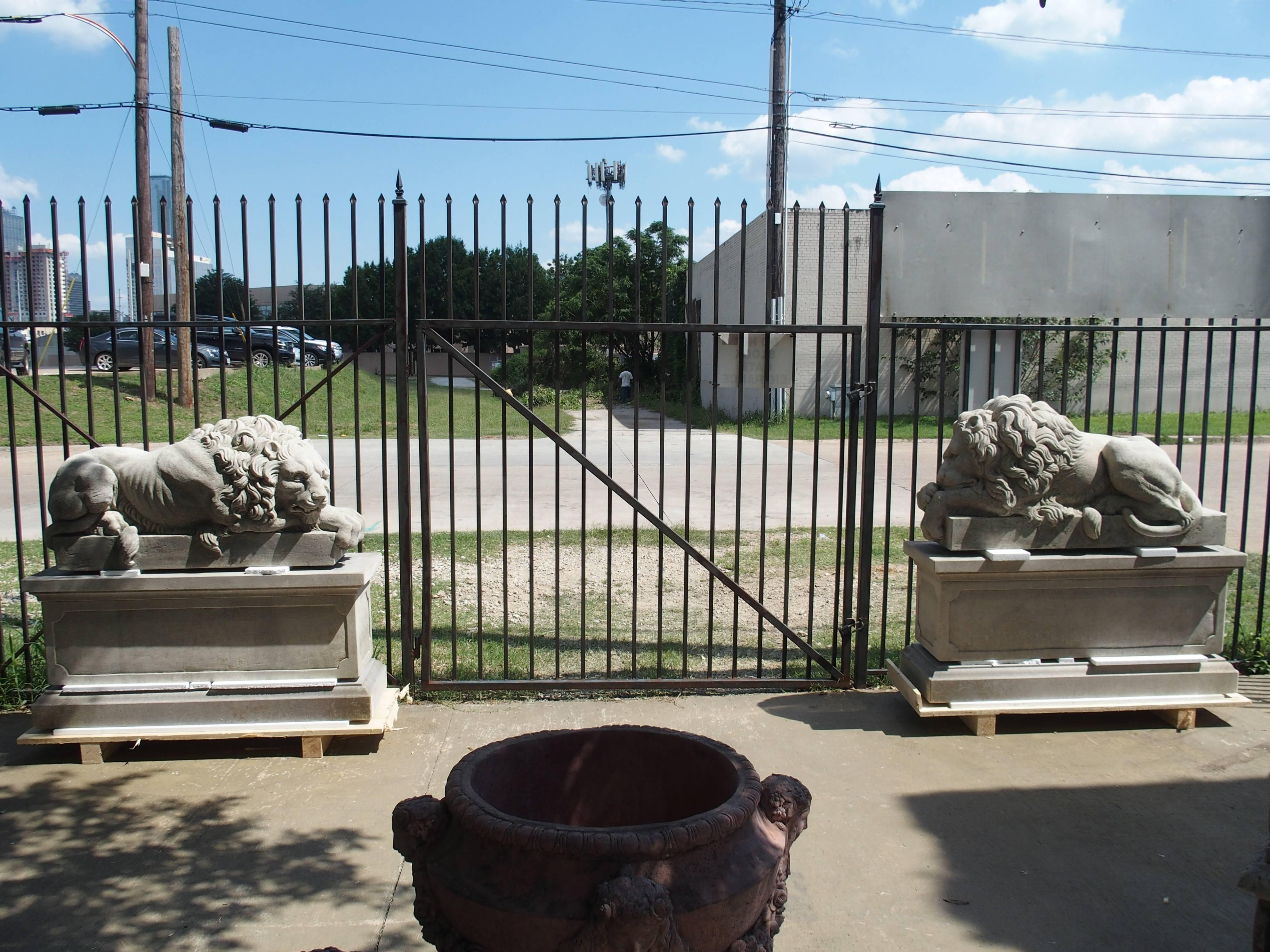 Contemporary Pair of Large Carved Stone Lions on Pedestals, 