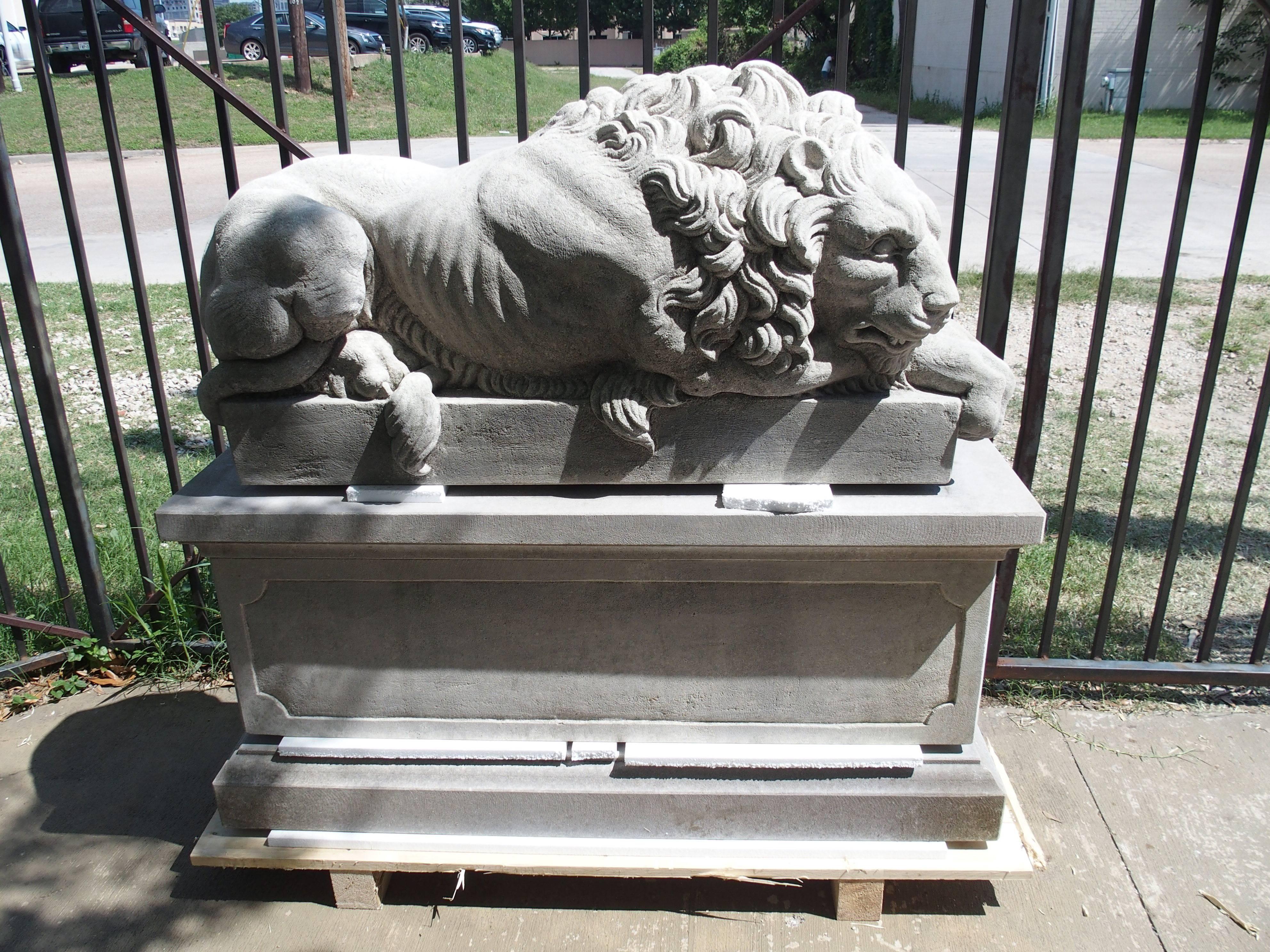 Limestone Pair of Large Carved Stone Lions on Pedestals, 