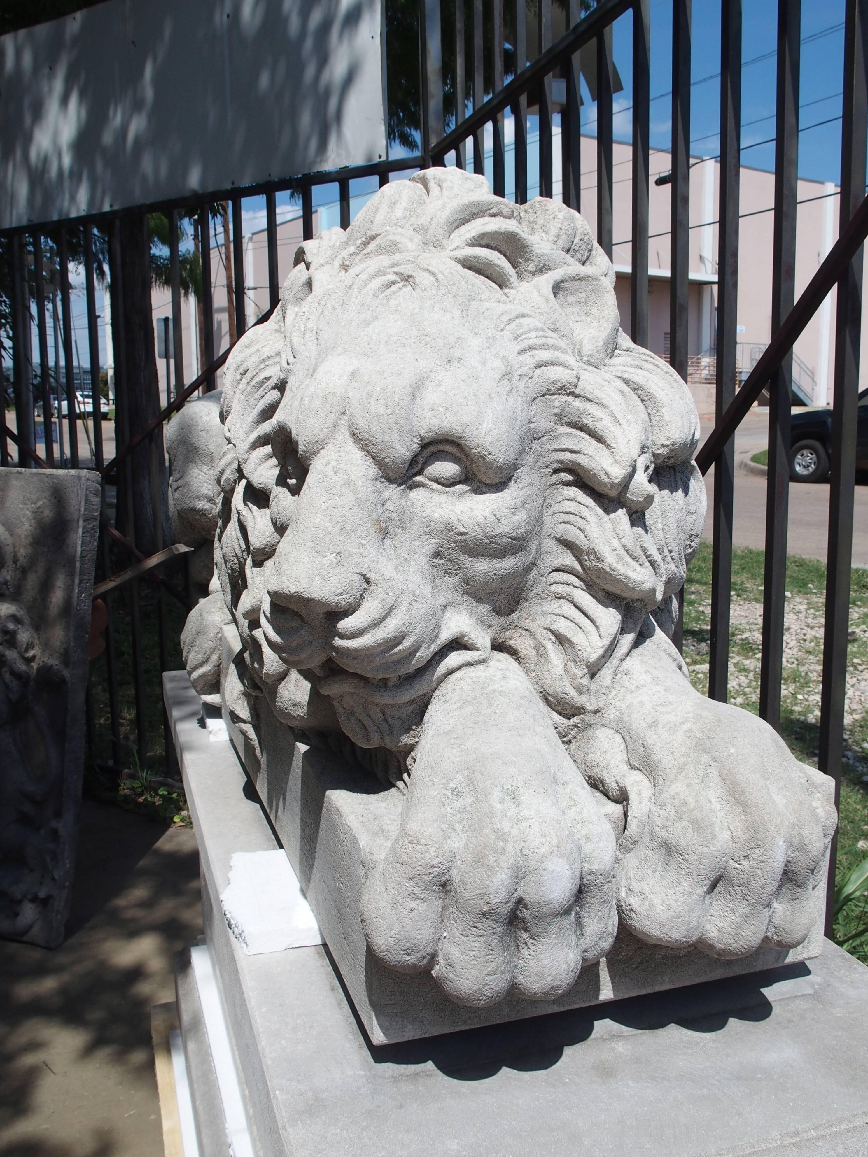Calcaire Paire de grands lions en pierre sculptée sur piédestal:: 