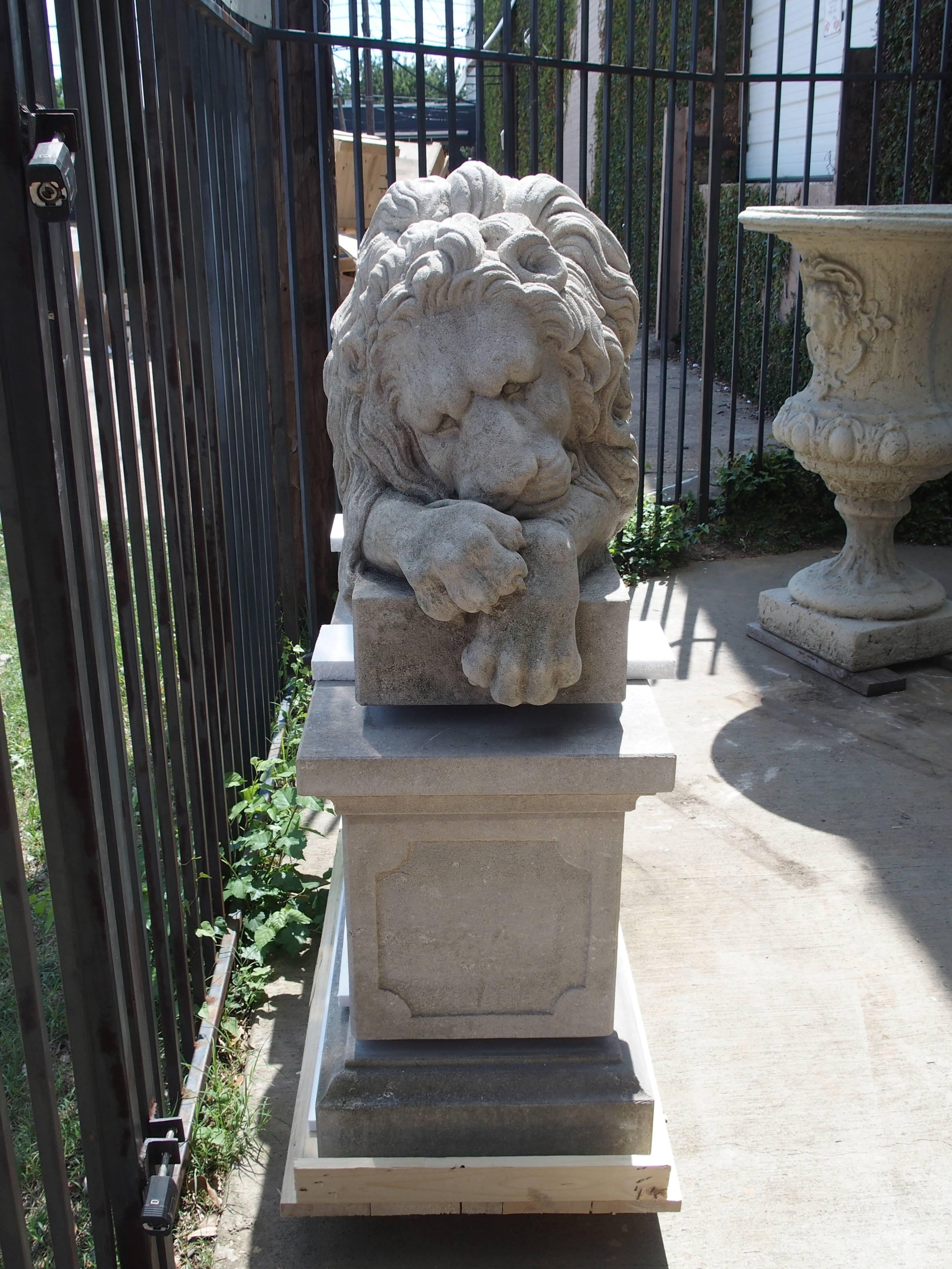 Pair of Large Carved Stone Lions on Pedestals, 