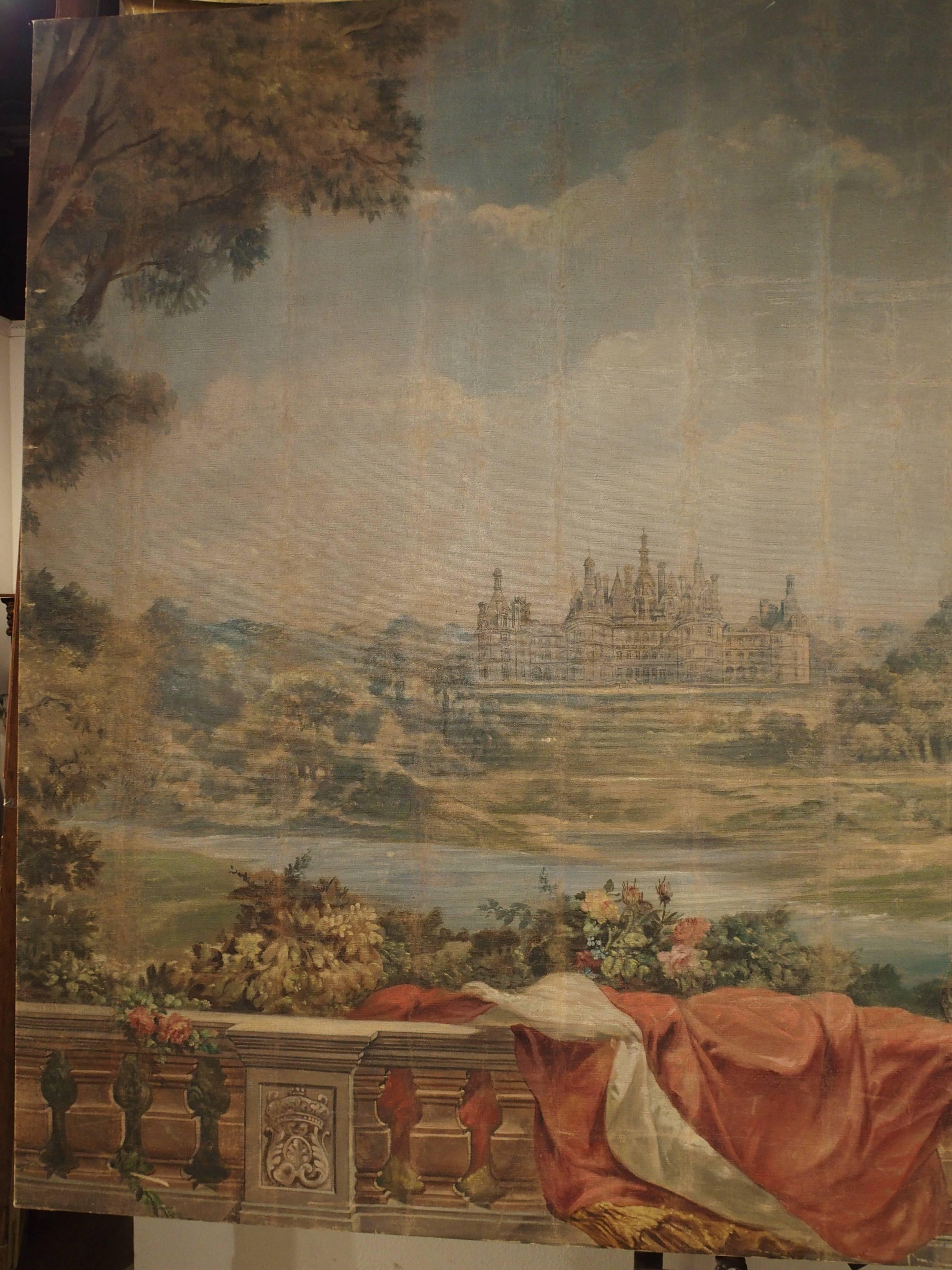 This large antique French painting is a depiction of one of the most famous Chateaux in France. This magnificent piece is just over 7 feet high (as is), and close to 9.5 feet wide. Chateau Chambord was originally built in the 16th century and is the