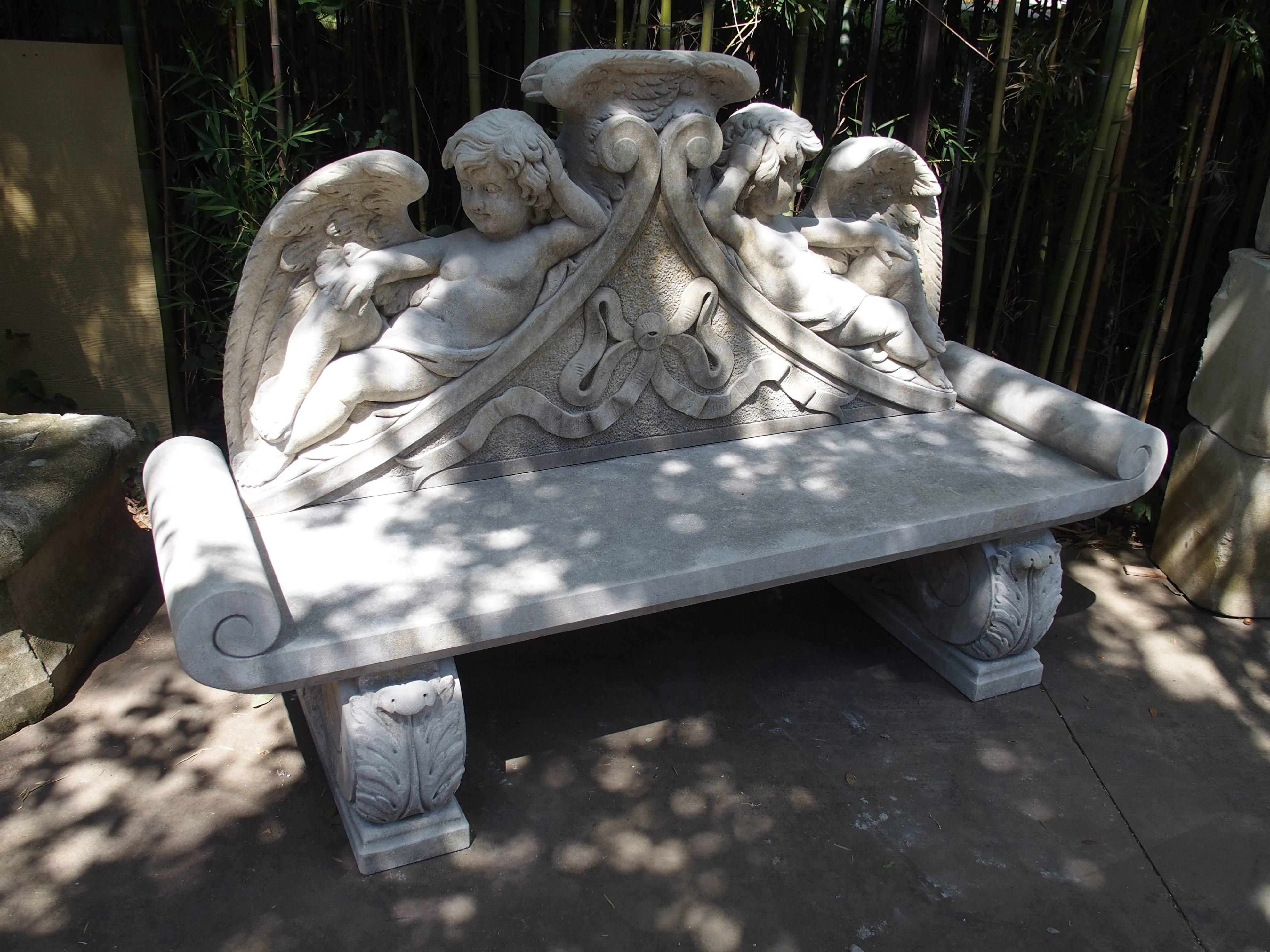 Italian Winged Cherubs Carved Limestone Garden Bench from Italy