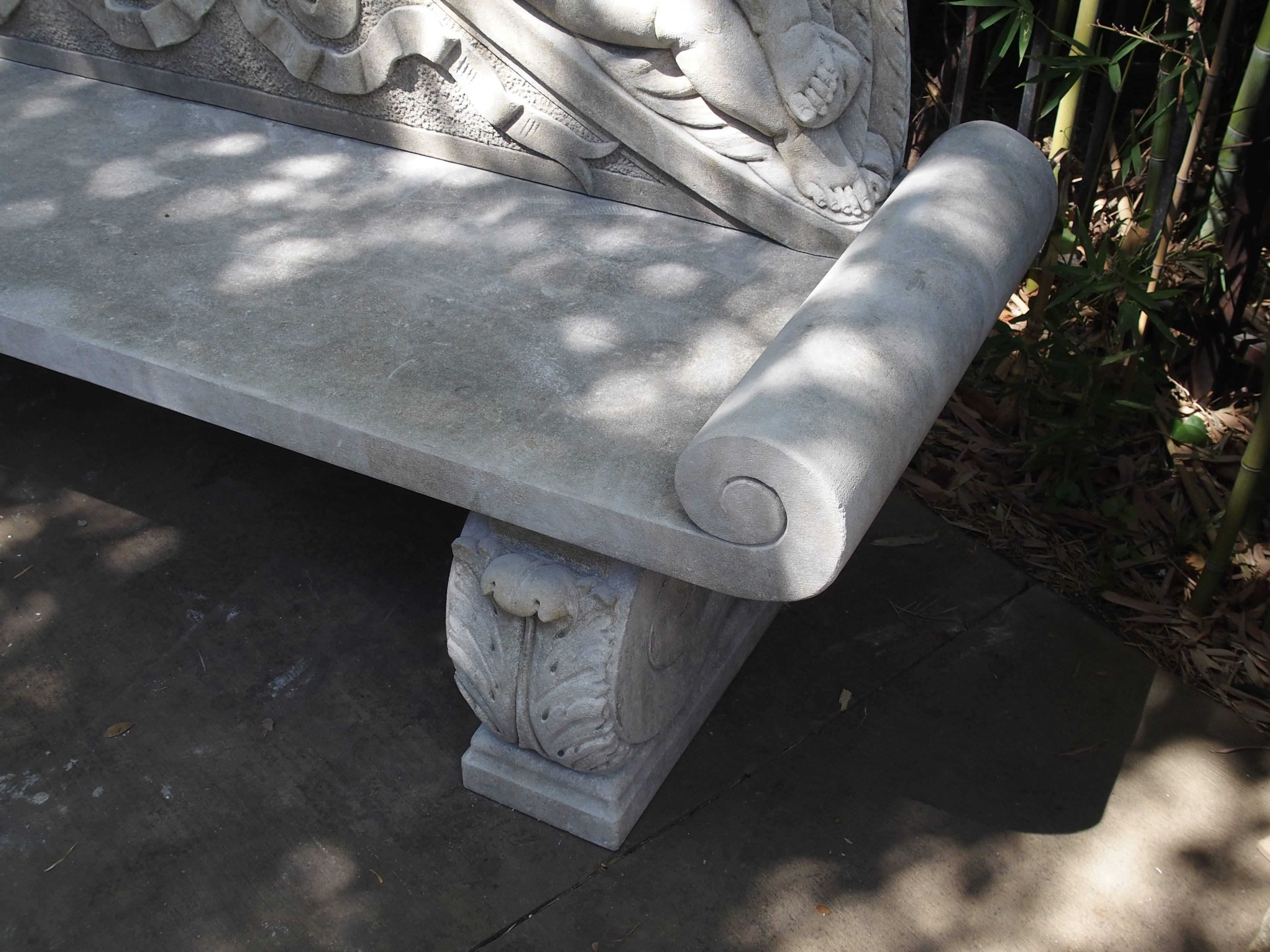 Winged Cherubs Carved Limestone Garden Bench from Italy In Excellent Condition In Dallas, TX