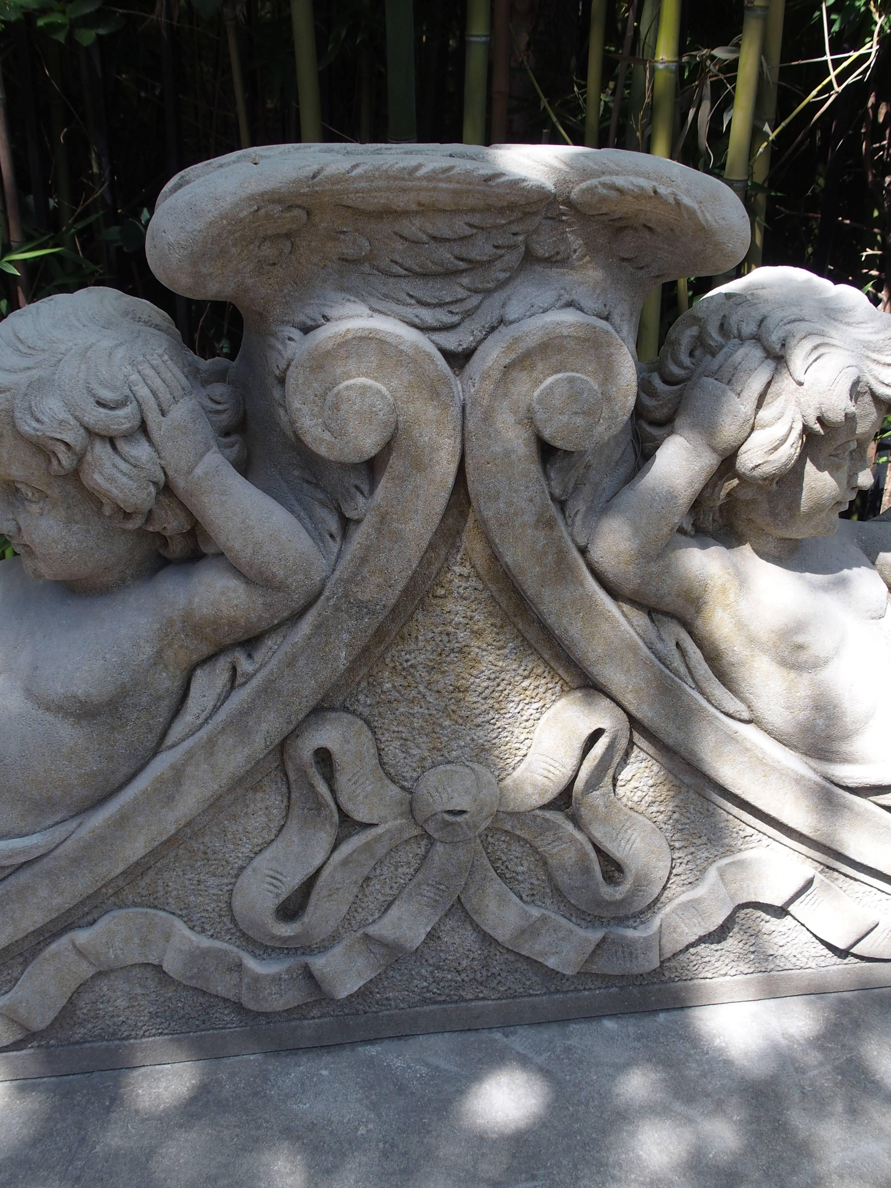 Contemporary Winged Cherubs Carved Limestone Garden Bench from Italy