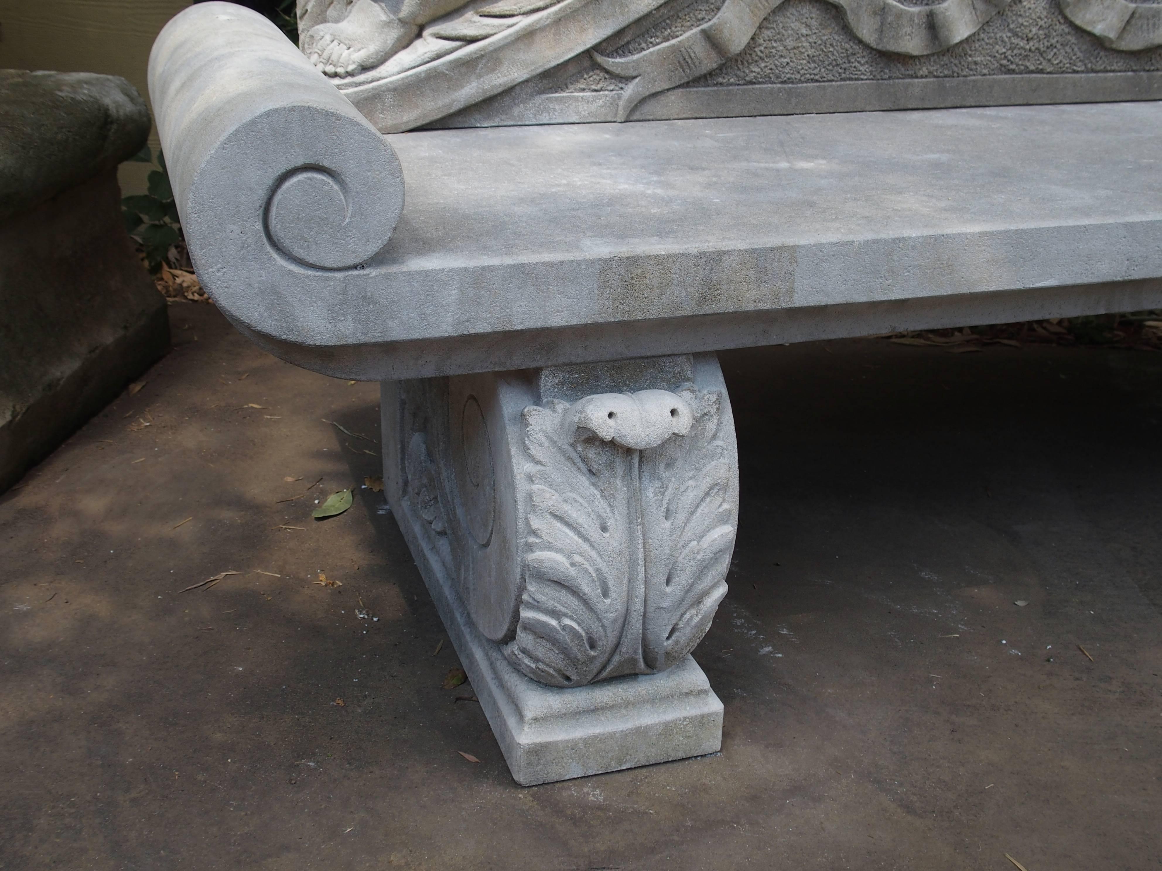 Winged Cherubs Carved Limestone Garden Bench from Italy 1