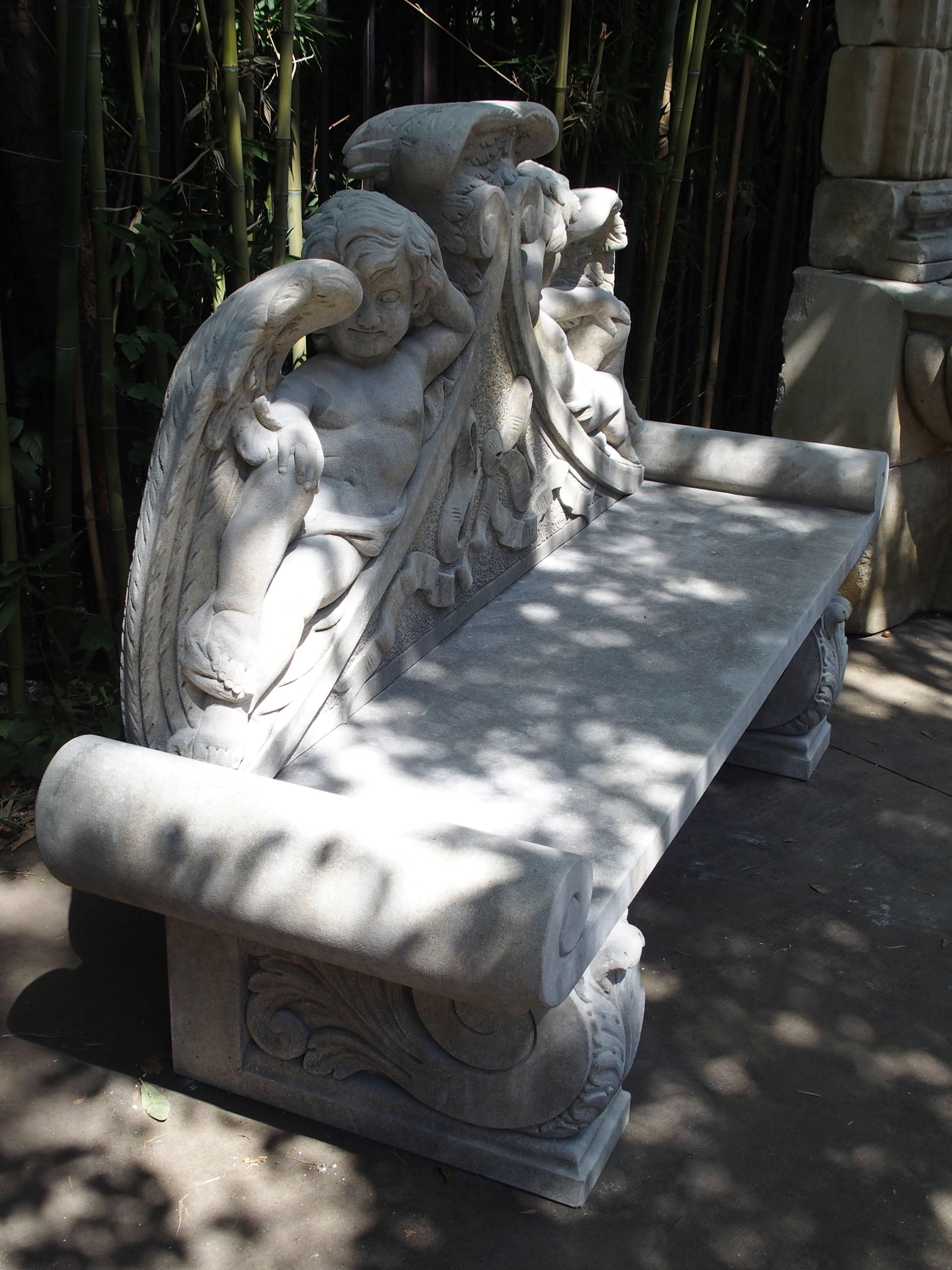 Winged Cherubs Carved Limestone Garden Bench from Italy 2