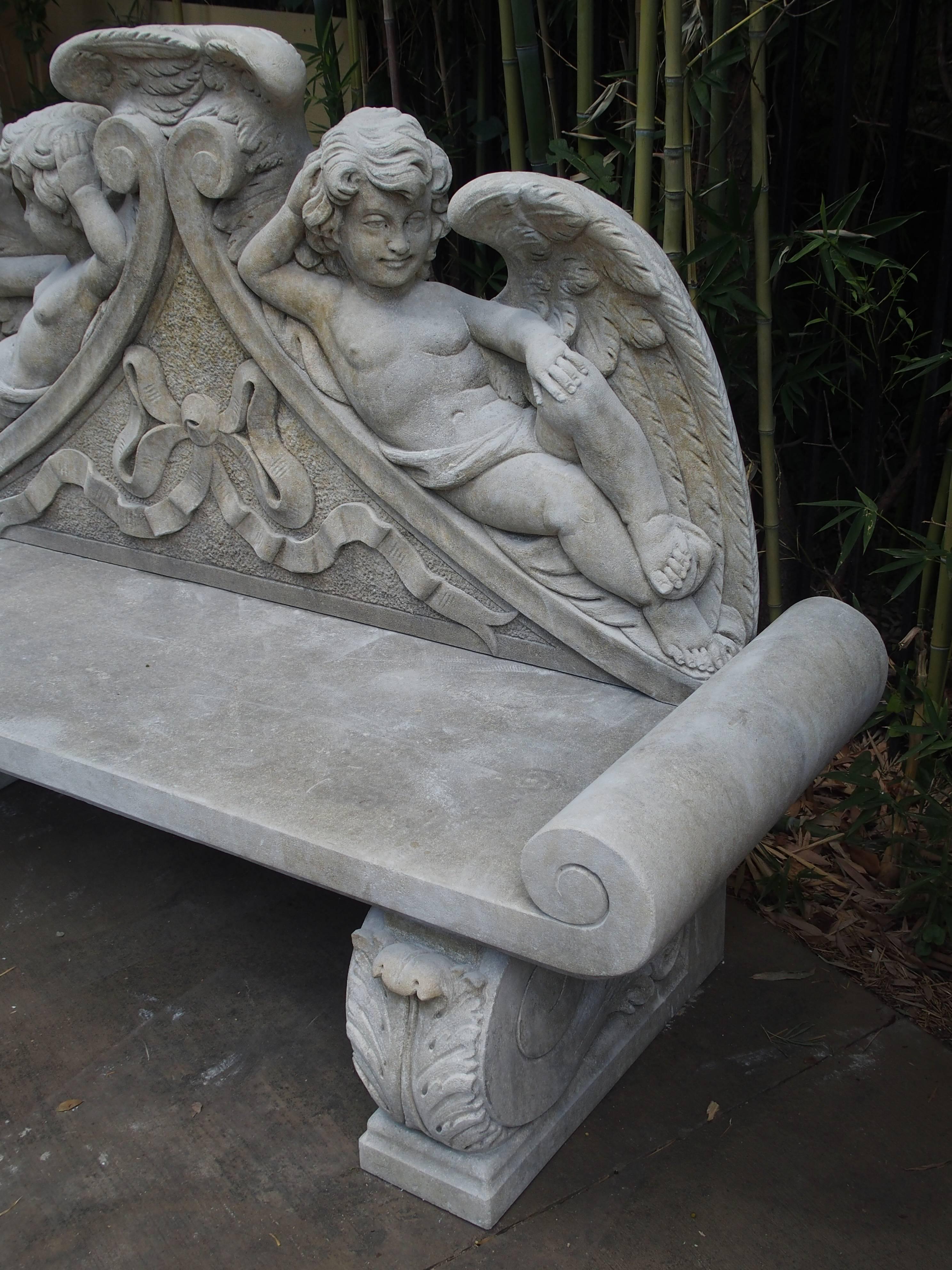 Winged Cherubs Carved Limestone Garden Bench from Italy 3