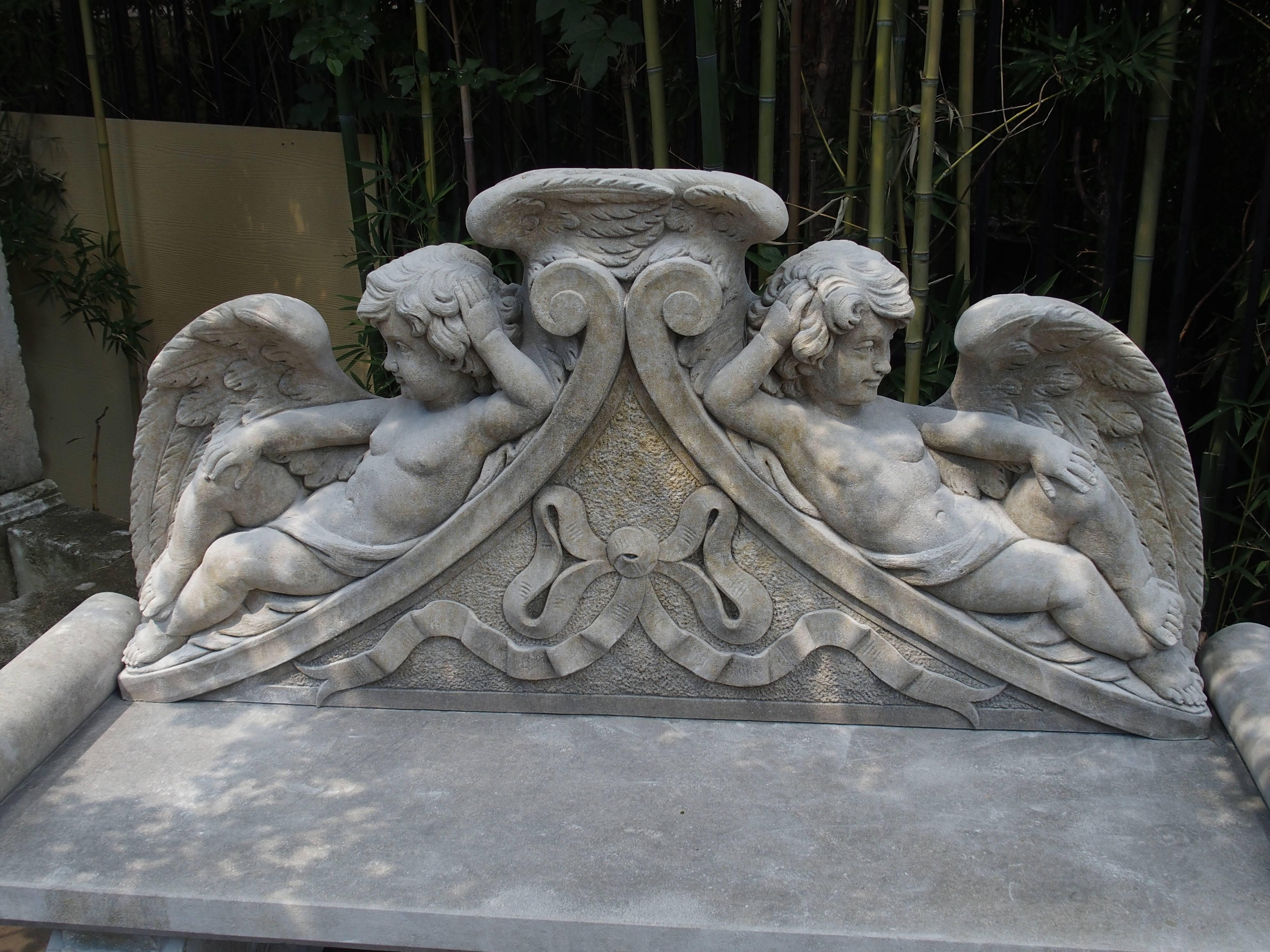 Winged Cherubs Carved Limestone Garden Bench from Italy 5
