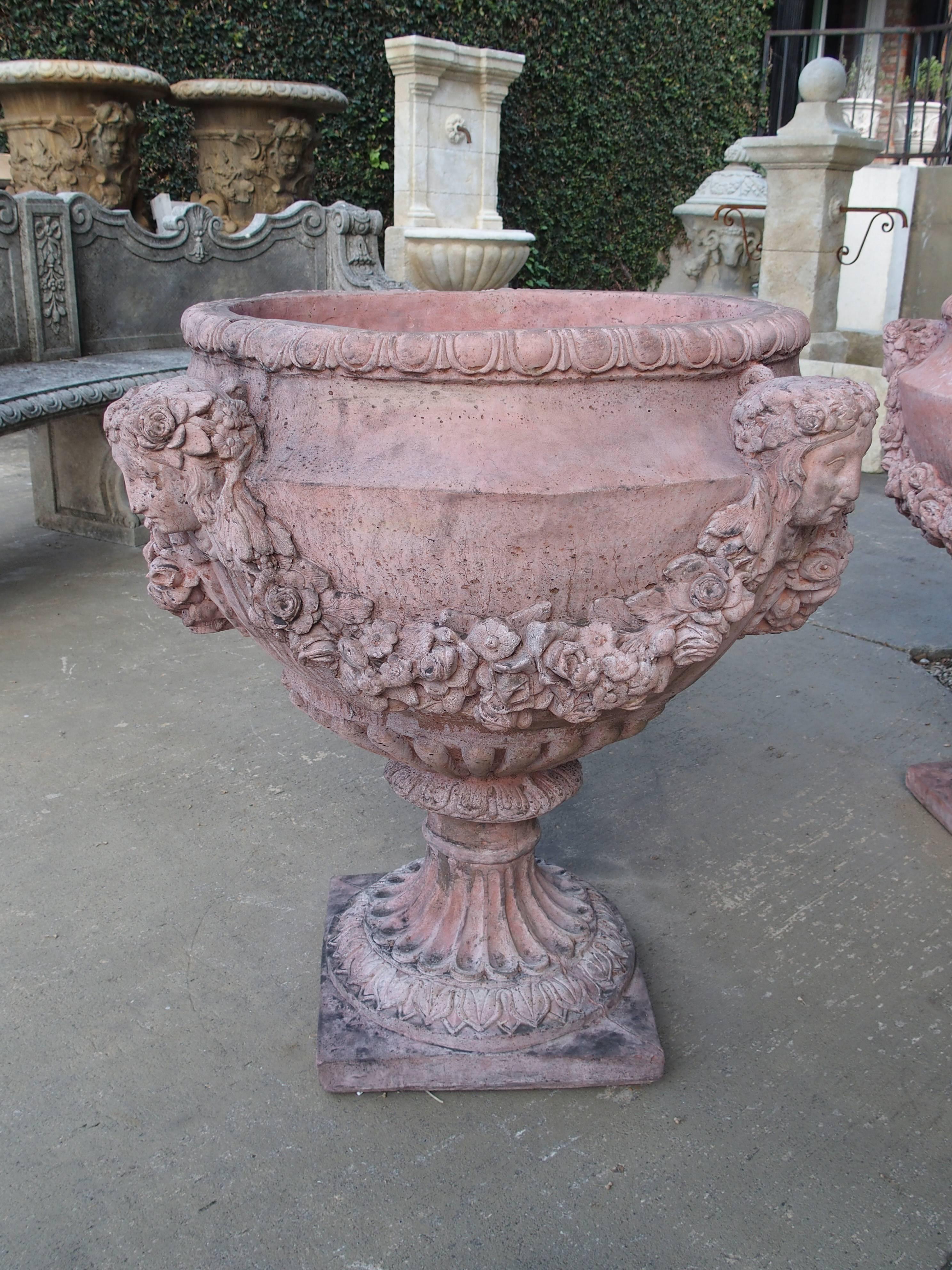 Louis XVI Pair of French Terra Cotta Colored Cast Stone Urns