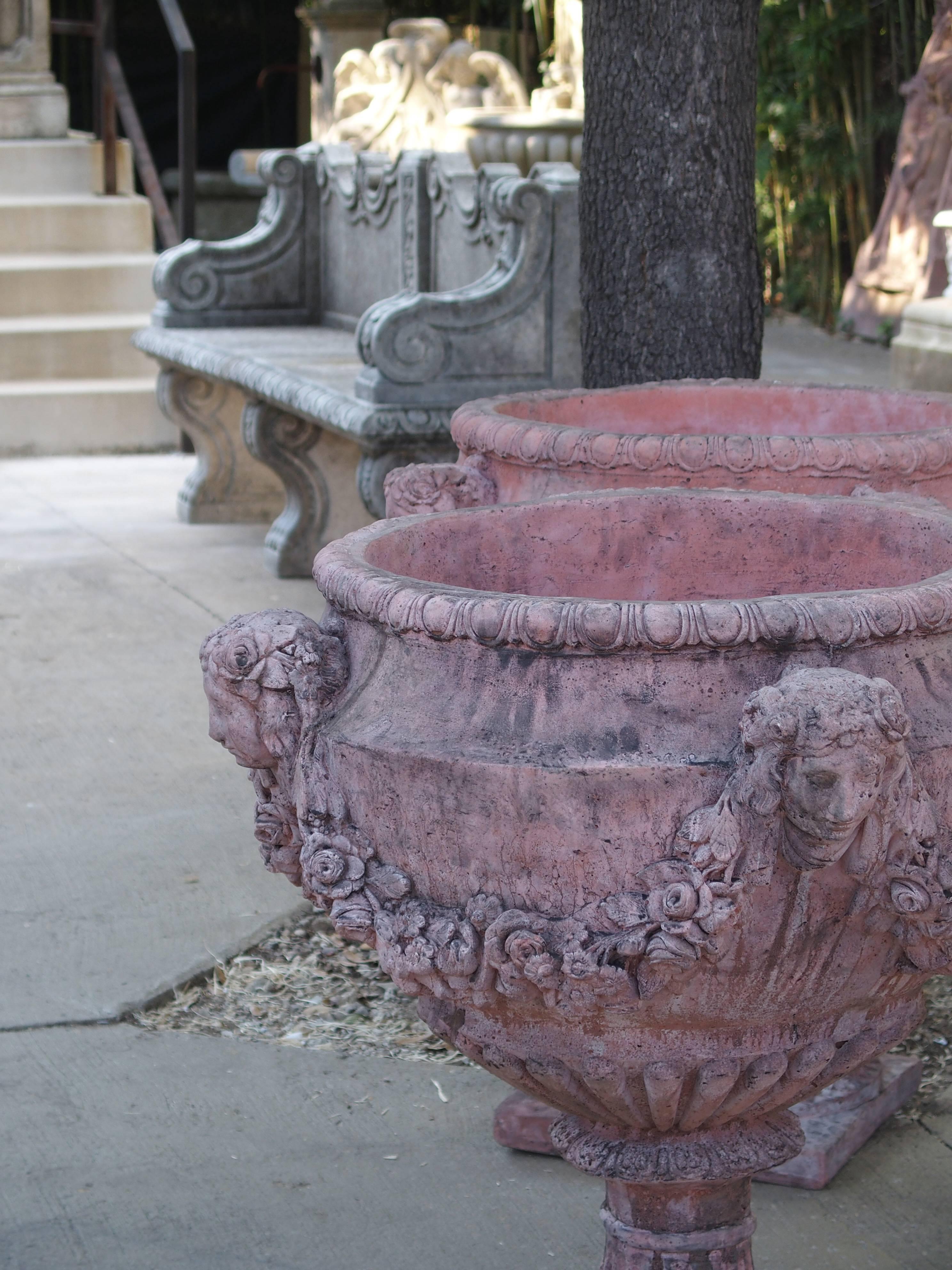Contemporary Pair of French Terra Cotta Colored Cast Stone Urns