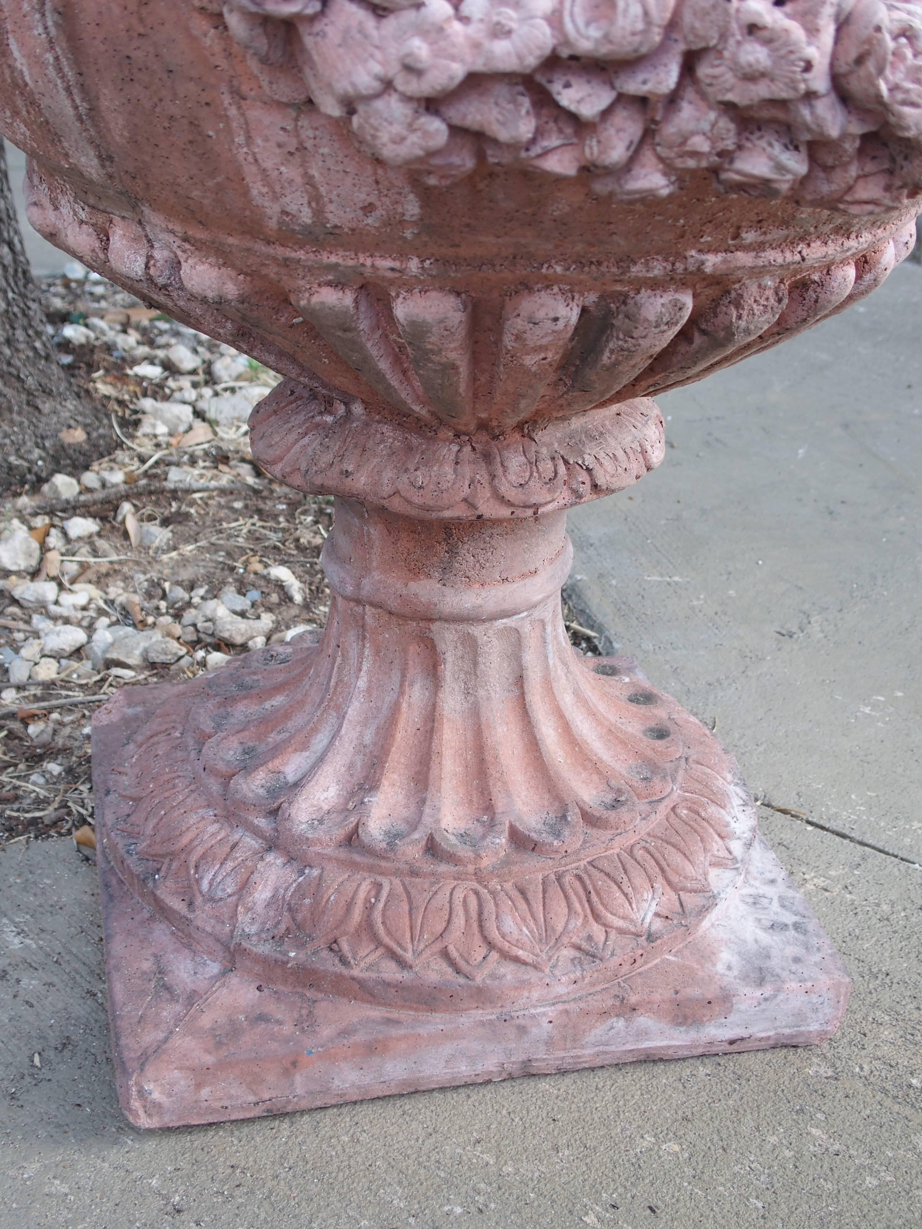 Pair of French Terra Cotta Colored Cast Stone Urns 1