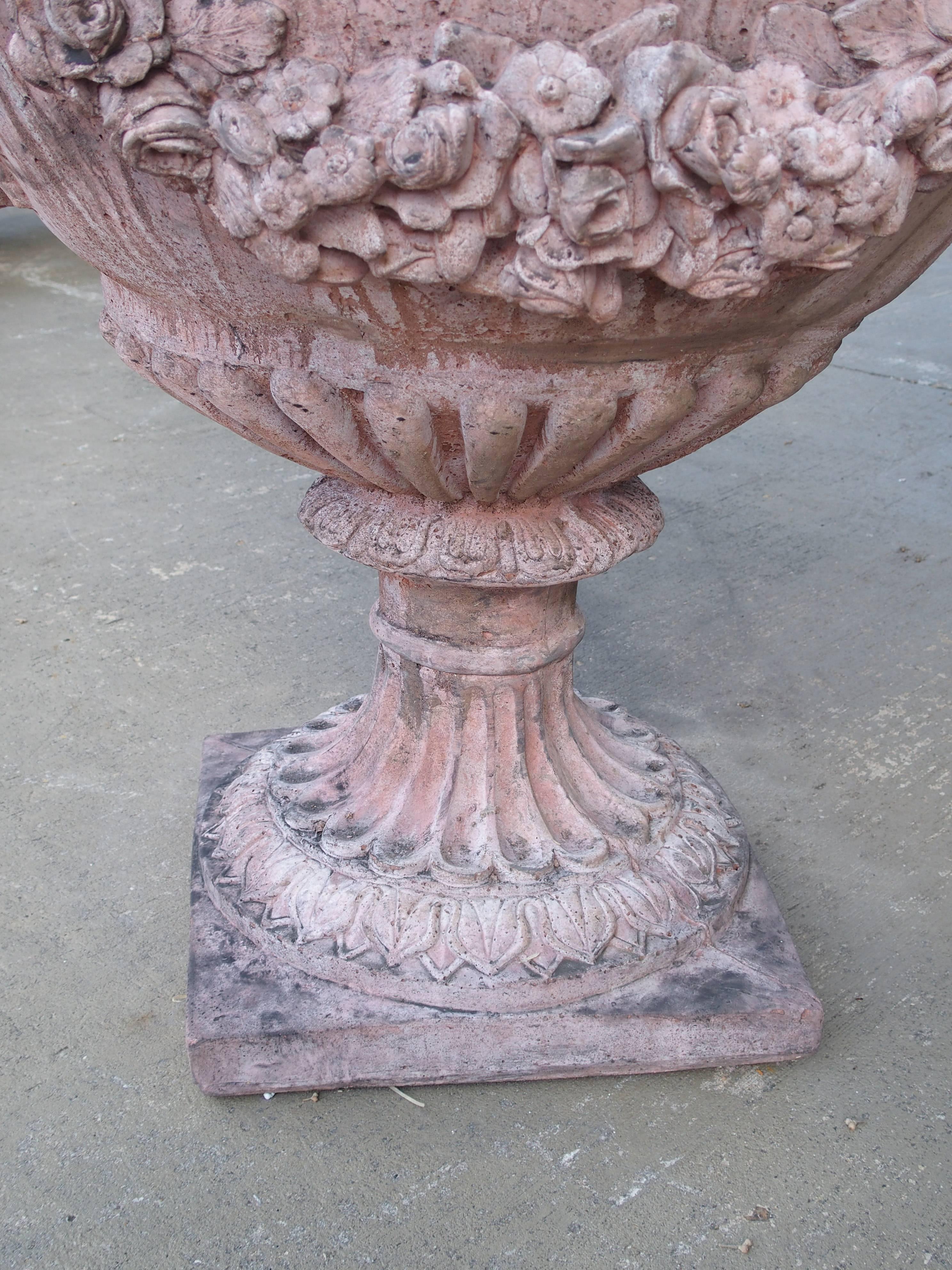 Pair of French Terra Cotta Colored Cast Stone Urns 3