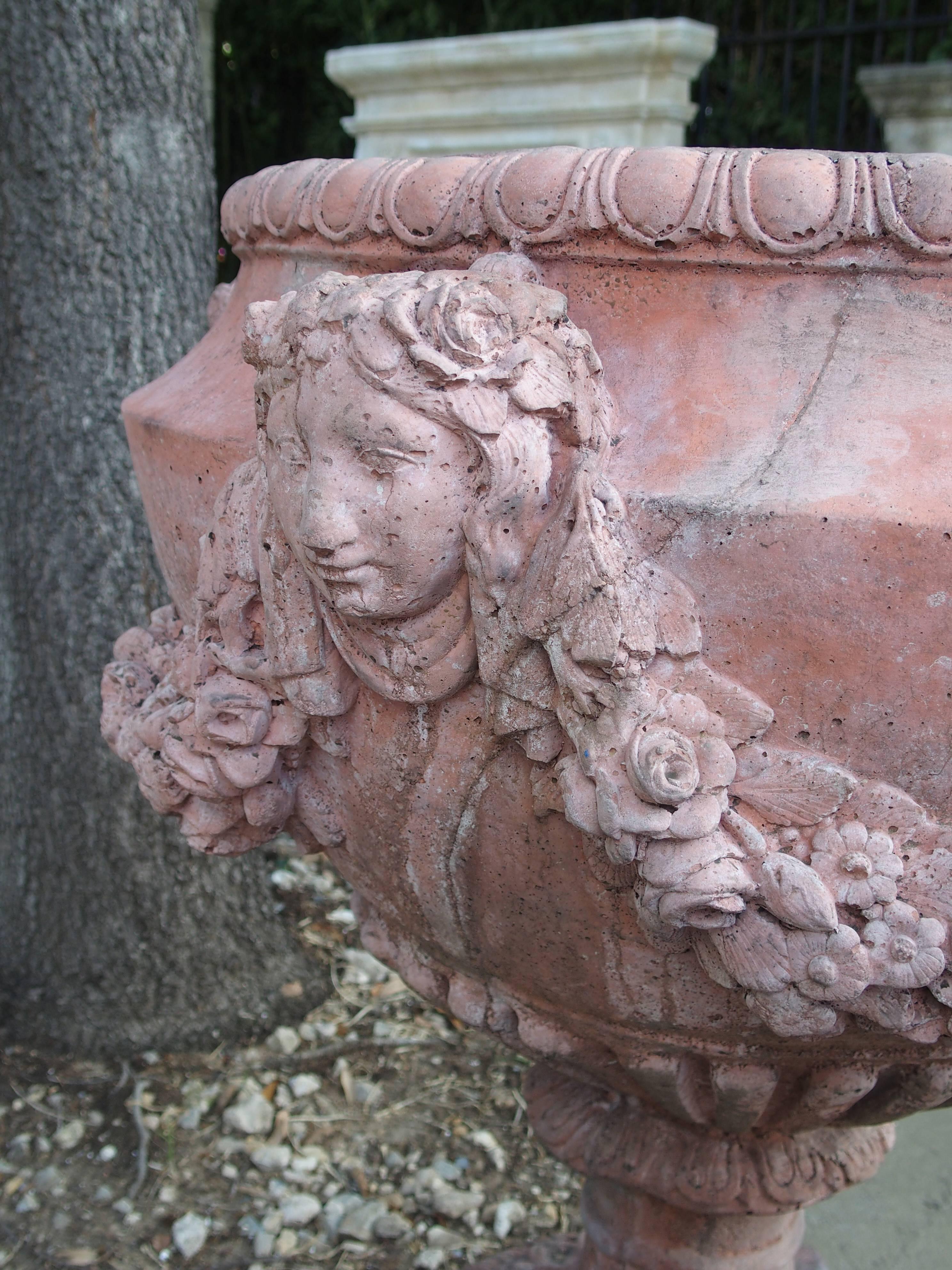 Pair of French Terra Cotta Colored Cast Stone Urns 4