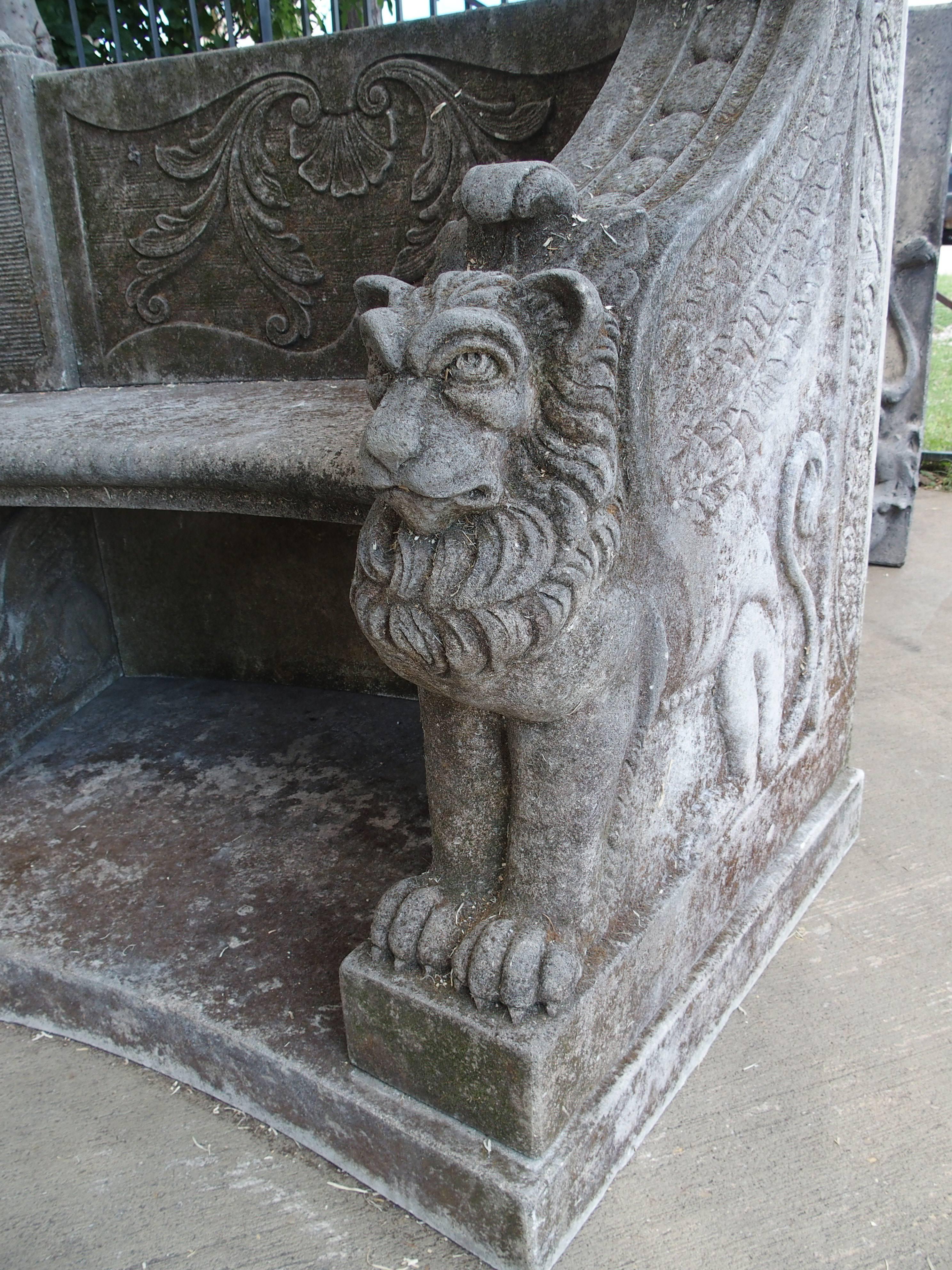 Hand-Carved Large Semi Circular Carved Limestone Griffins Bench