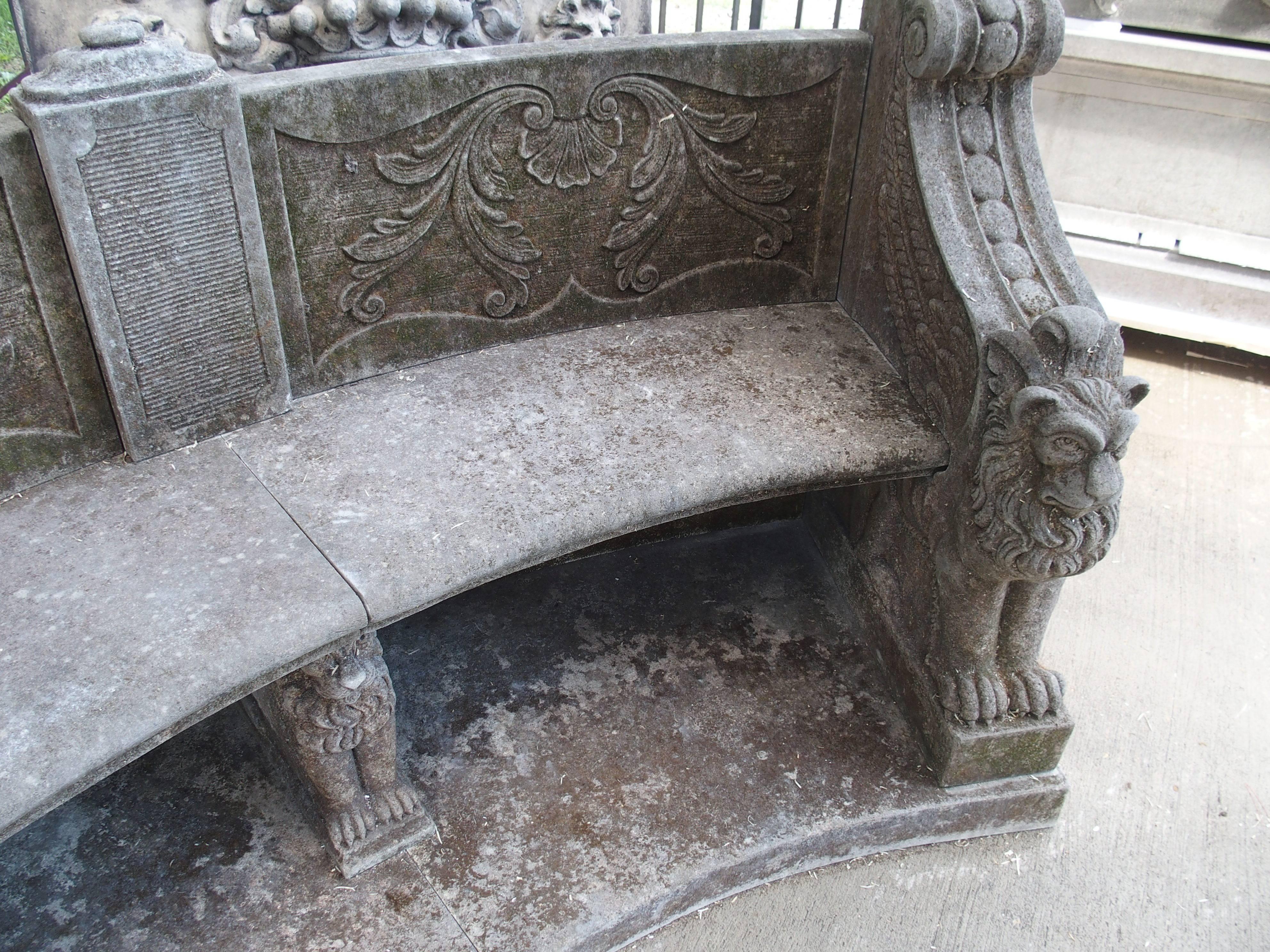 Large Semi Circular Carved Limestone Griffins Bench In Excellent Condition In Dallas, TX