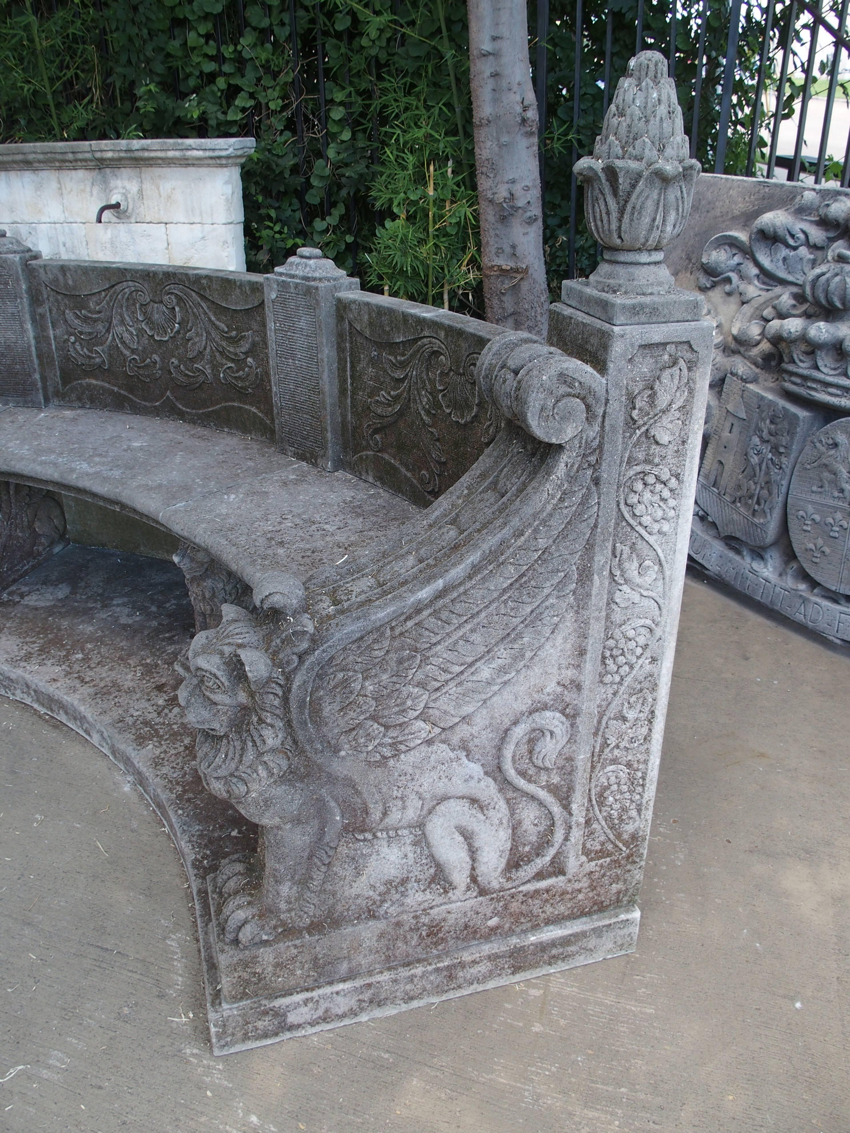 Large Semi Circular Carved Limestone Griffins Bench 2