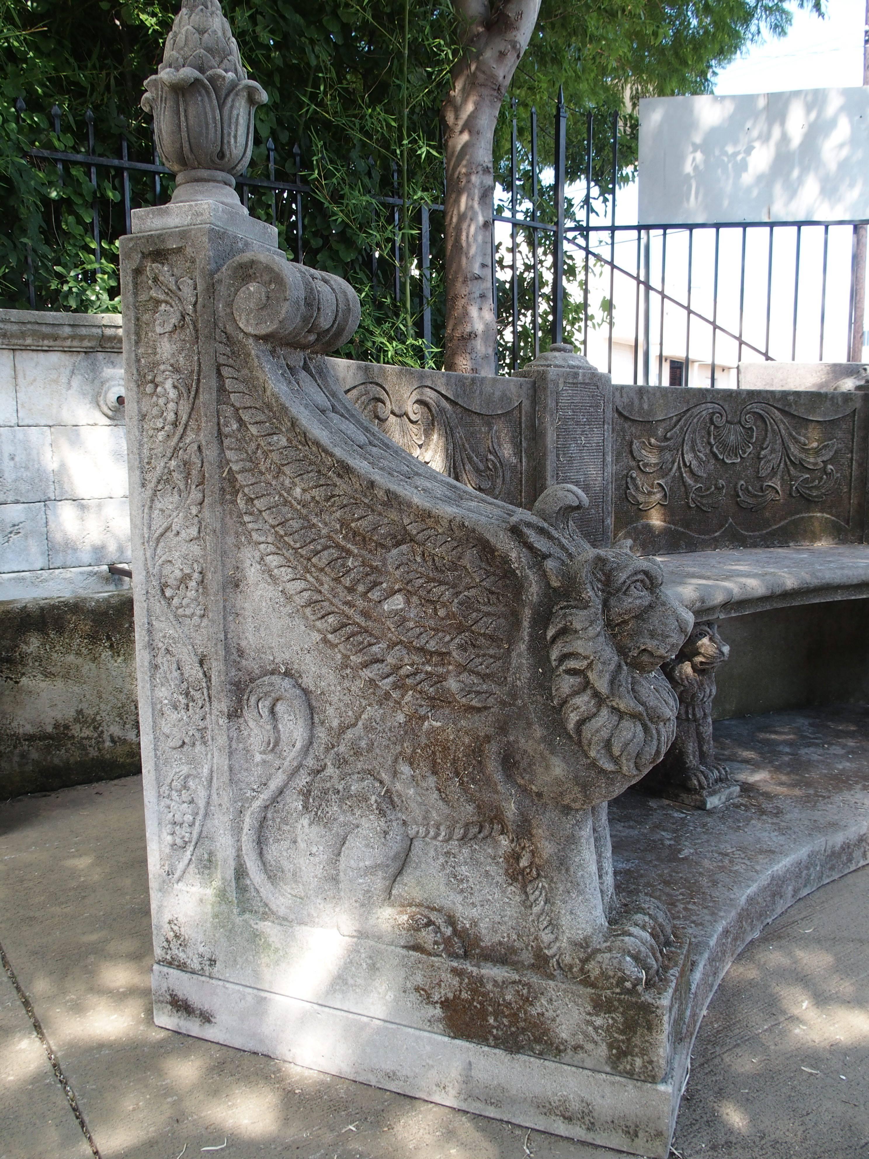 Large Semi Circular Carved Limestone Griffins Bench 3