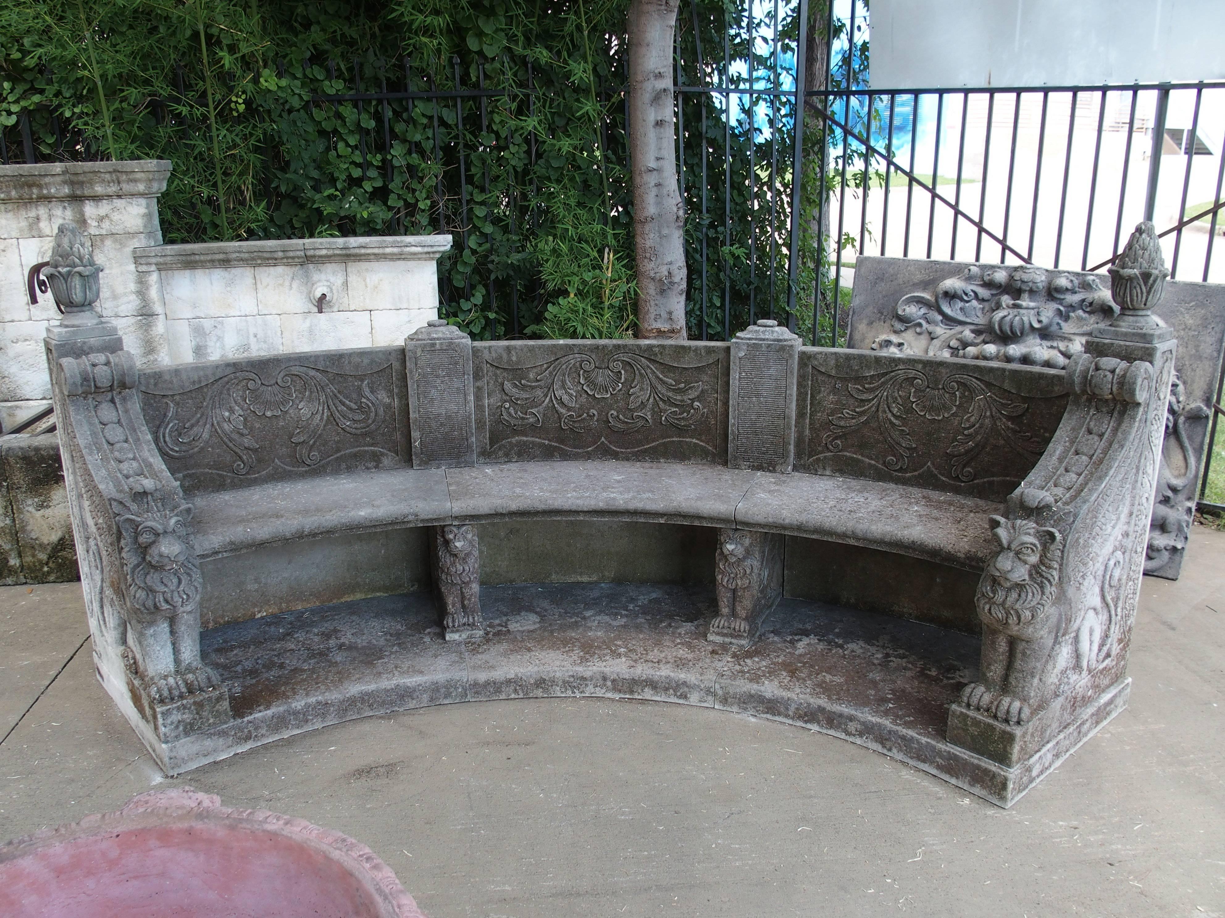 Large Semi Circular Carved Limestone Griffins Bench 4