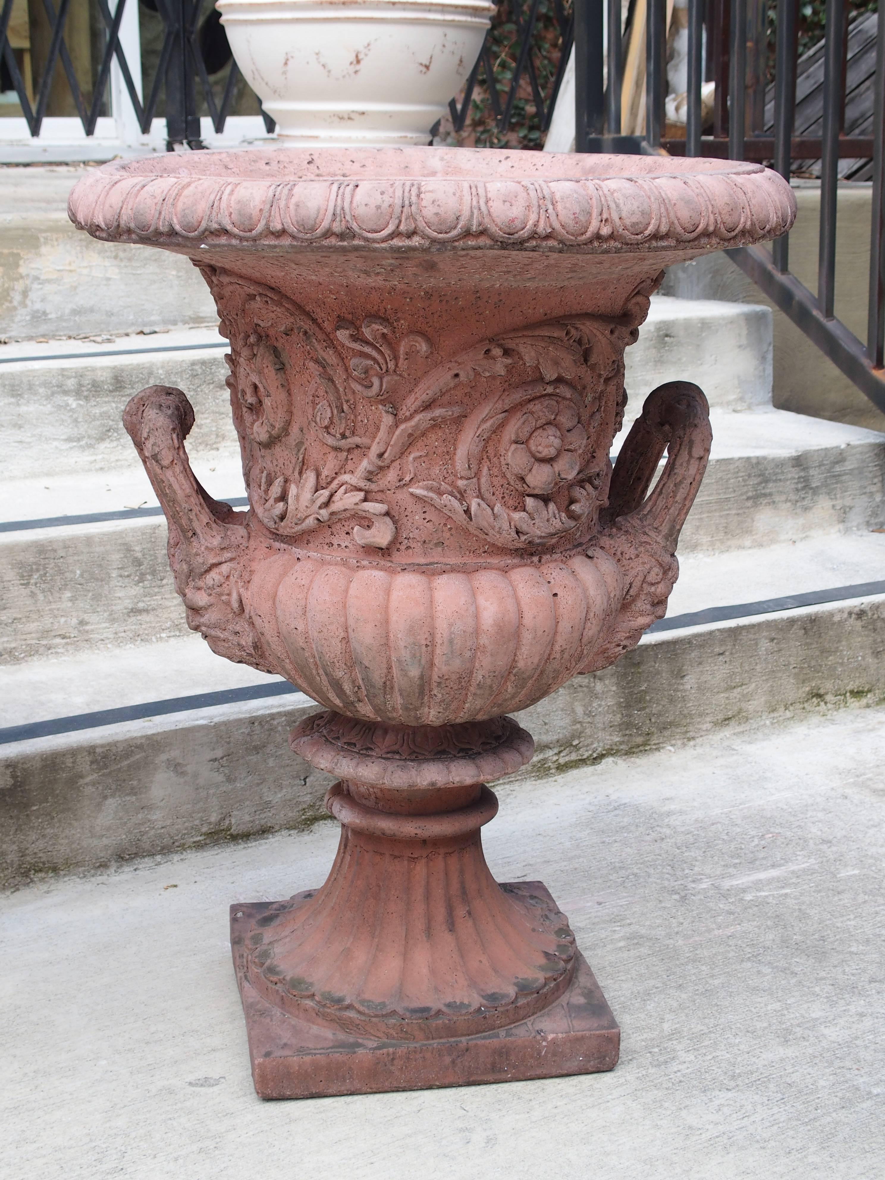 Contemporary Pair of French Terra Cotta Colored Cast Stone Medici Urns