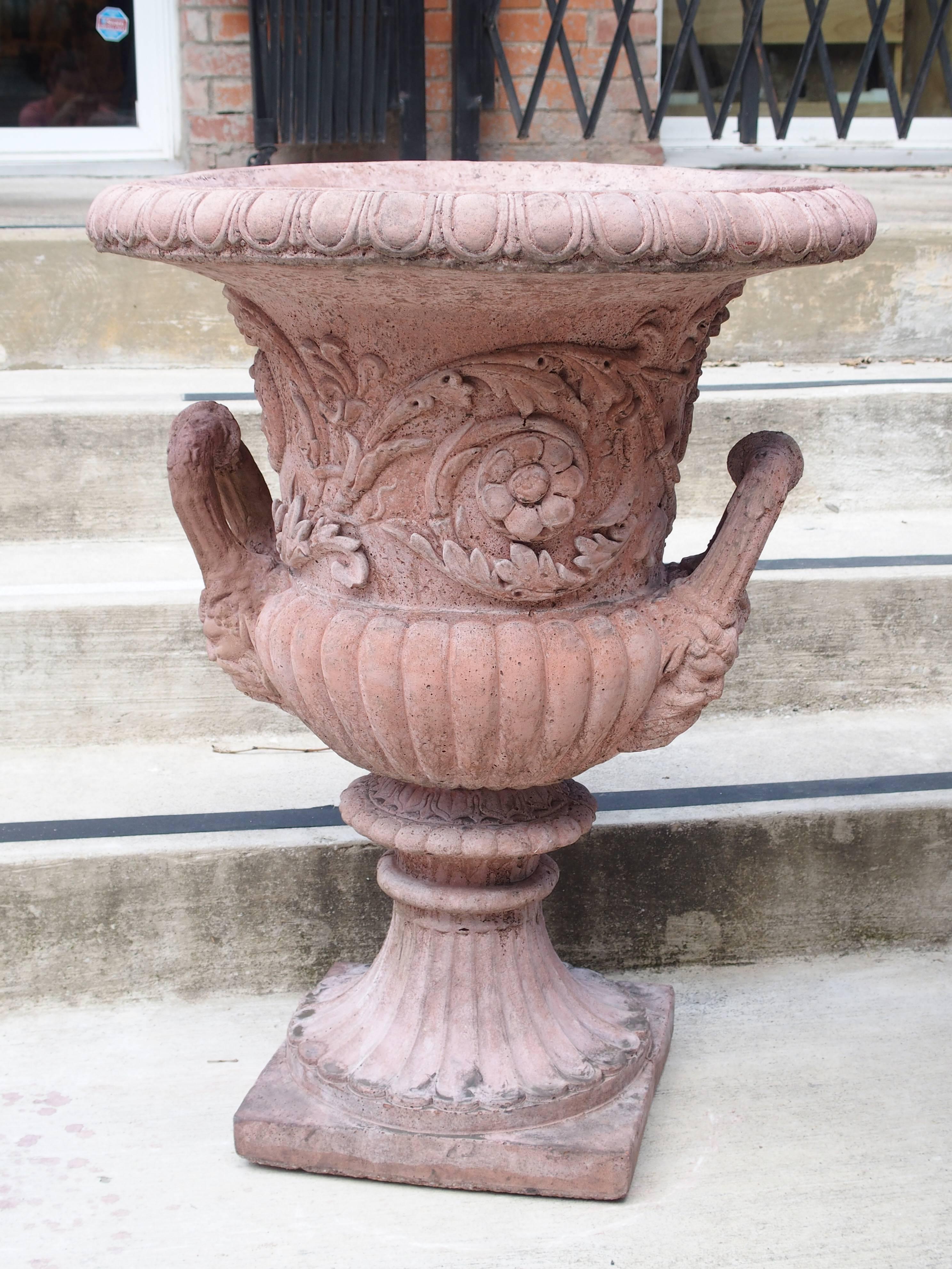 Pair of French Terra Cotta Colored Cast Stone Medici Urns 1