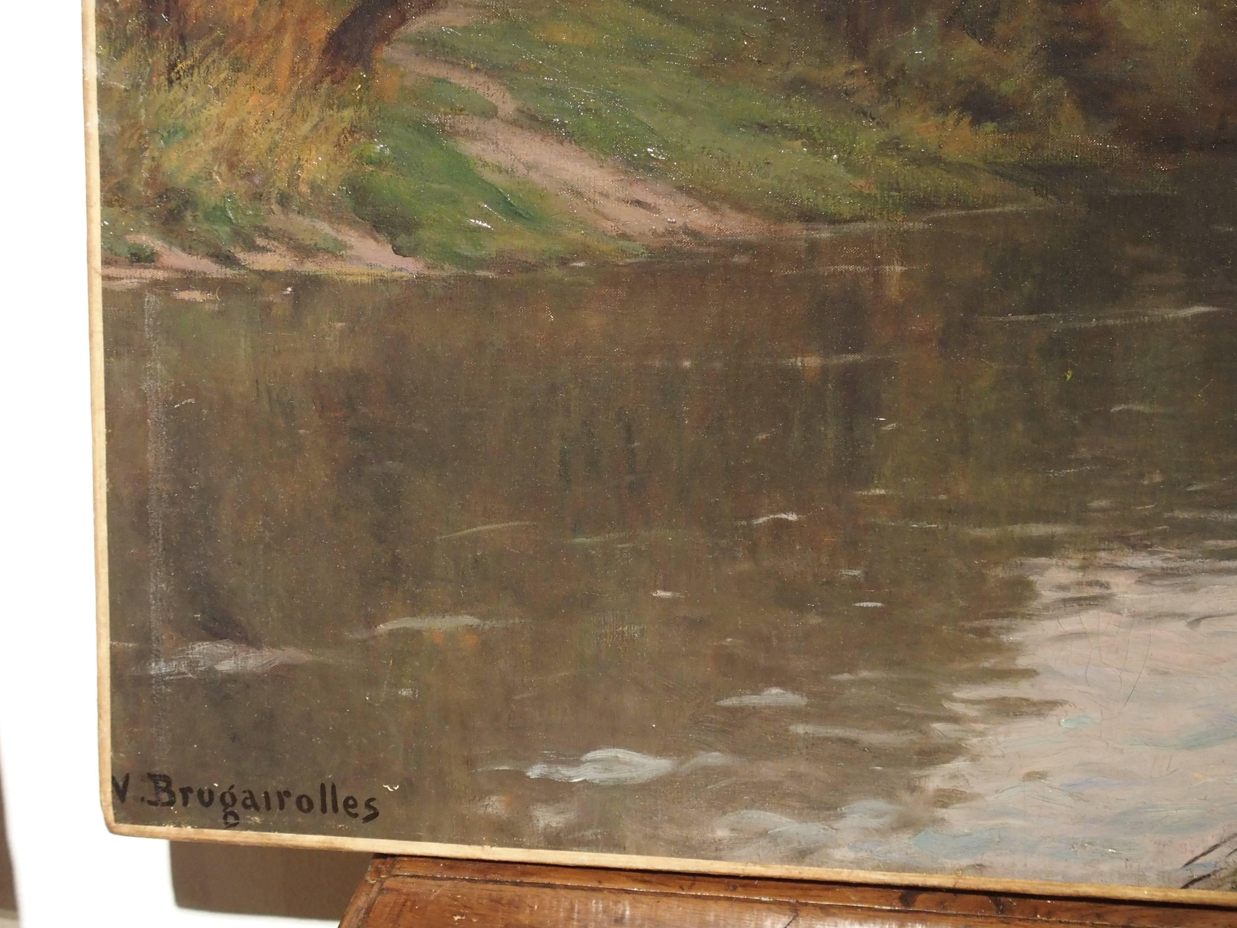 Antique French Landscape Painting of a River Crossing a Village, 80 inches Wide In Excellent Condition In Dallas, TX