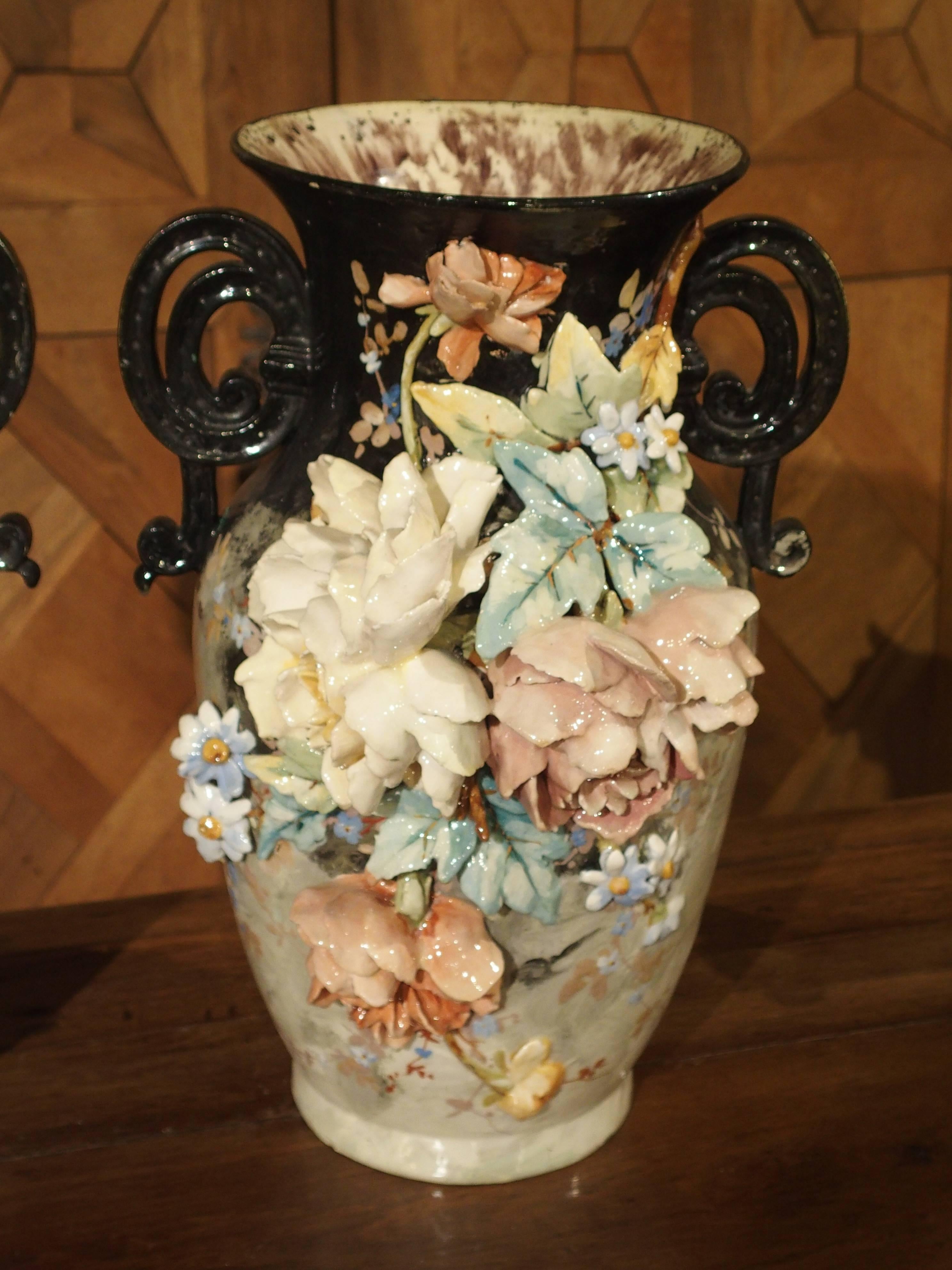 Ceramic Pair of 19th century French Barbotine Vases, Edouard Gilles, Paris