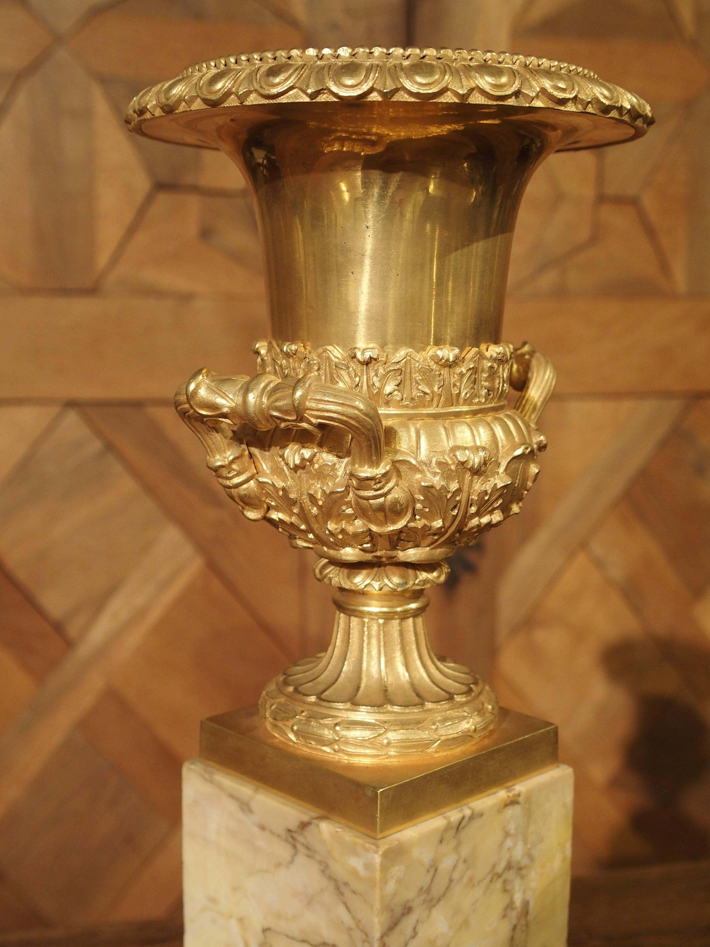 French Antique Mercury Gilded Bronze Medici Vase on Toscana Marble Base