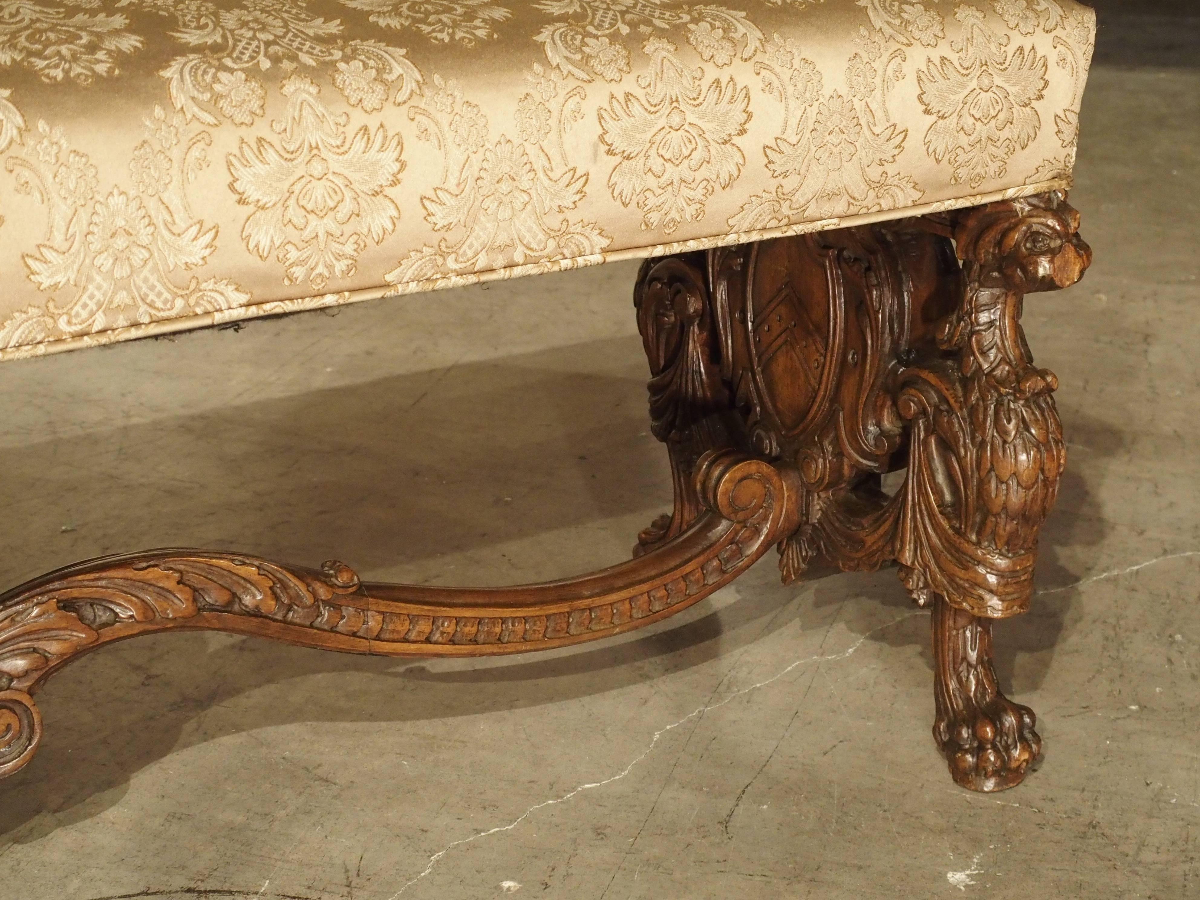 Hand-Carved Carved Antique Walnut Wood Renaissance Style Bench from Italy, 19th Century