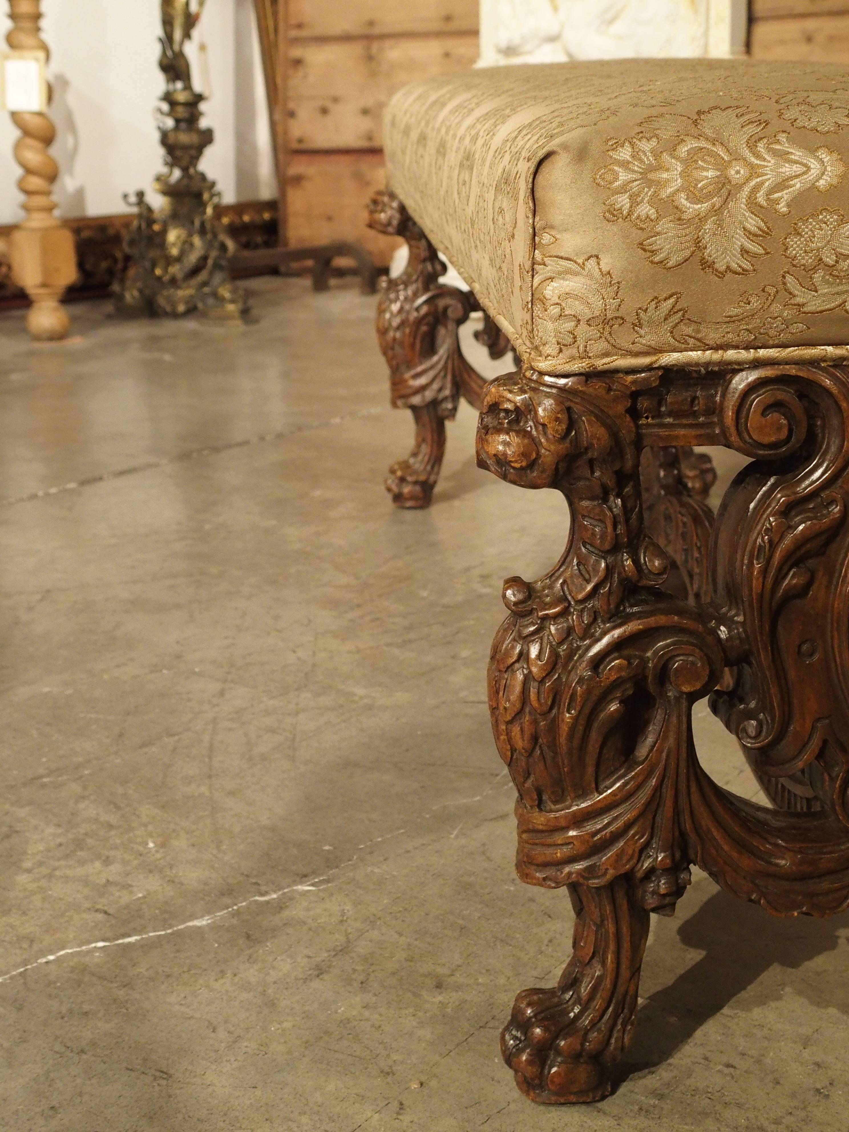 Carved Antique Walnut Wood Renaissance Style Bench from Italy, 19th Century In Good Condition In Dallas, TX