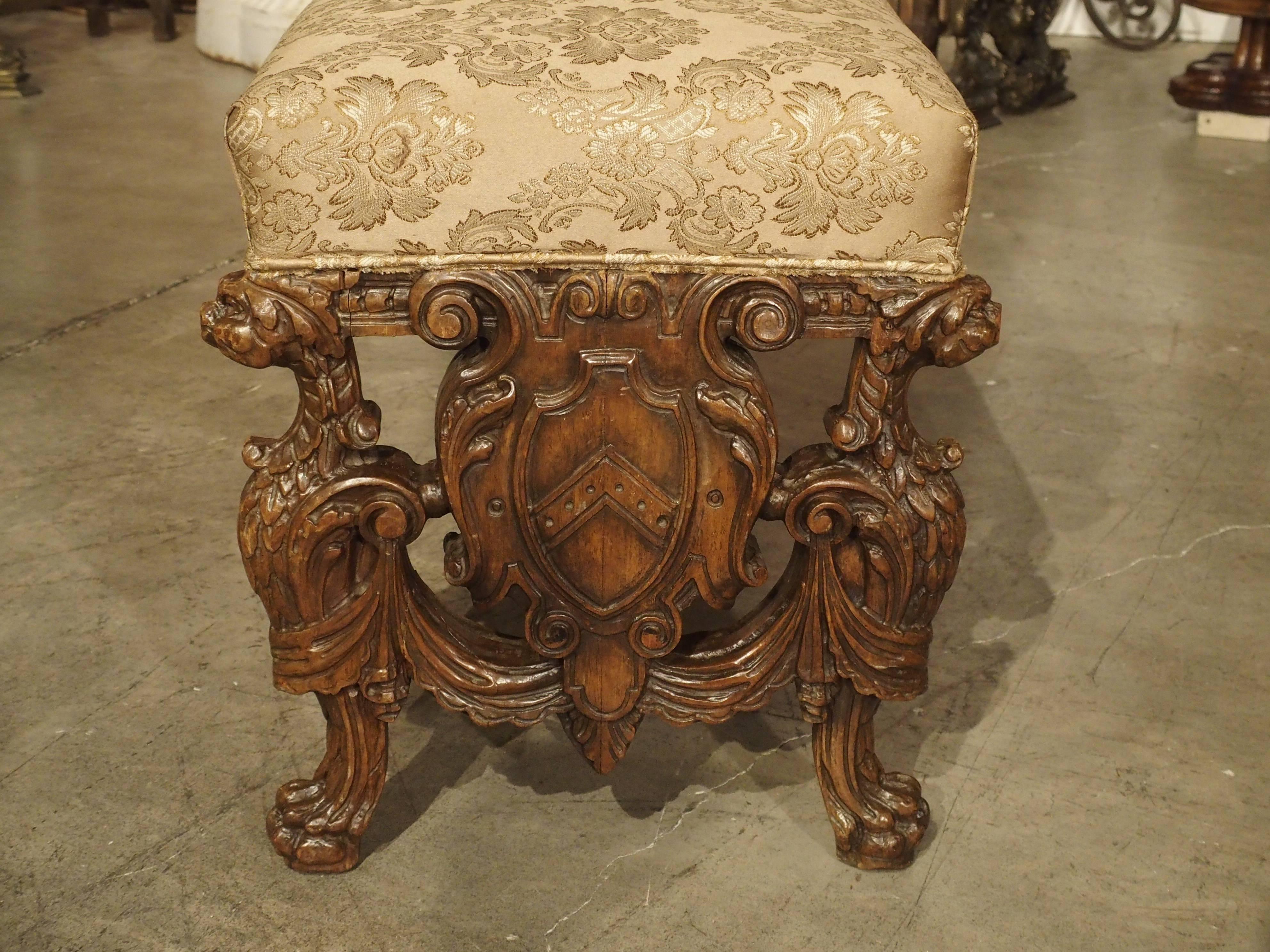 Silk Carved Antique Walnut Wood Renaissance Style Bench from Italy, 19th Century