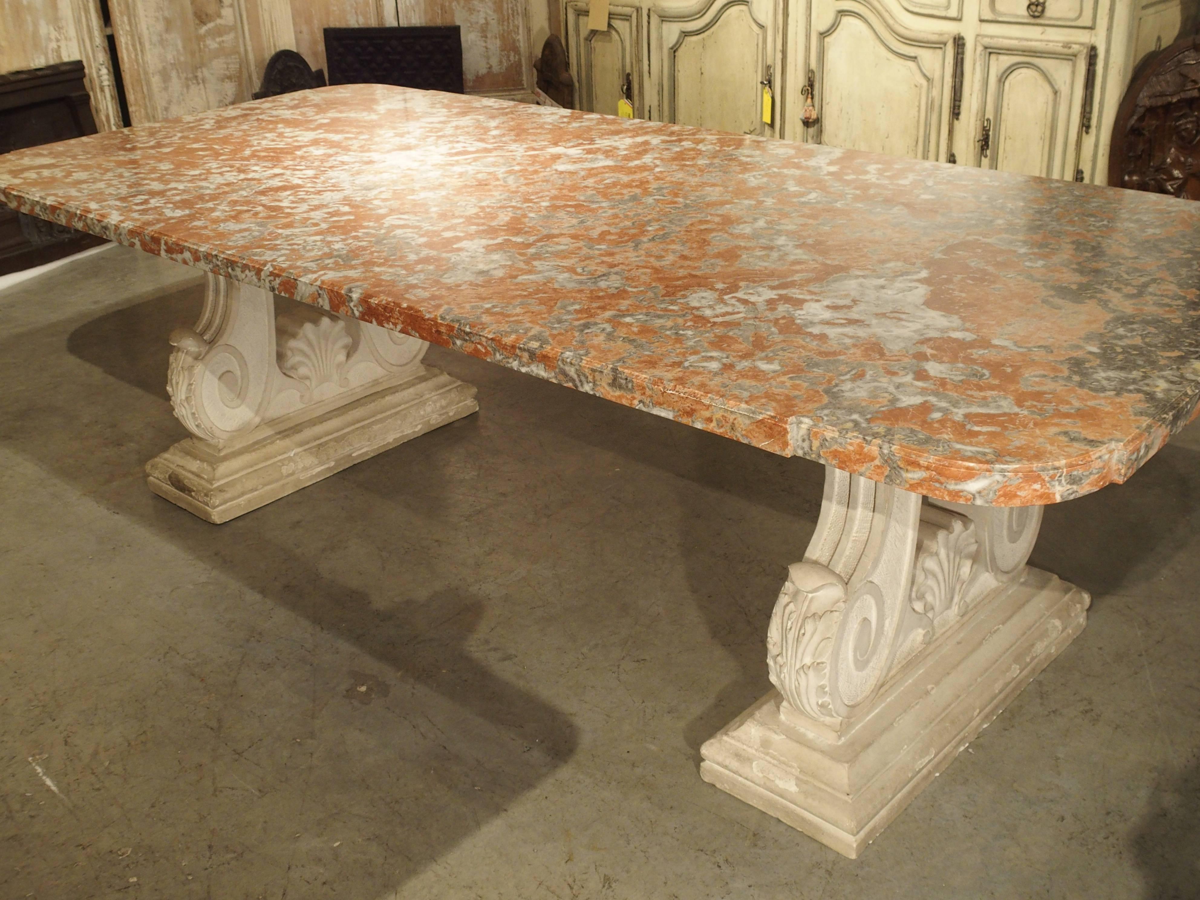 Hand-Carved Rouge De Languedoc Marble and Carved Stone Dining Table from France, 1940s