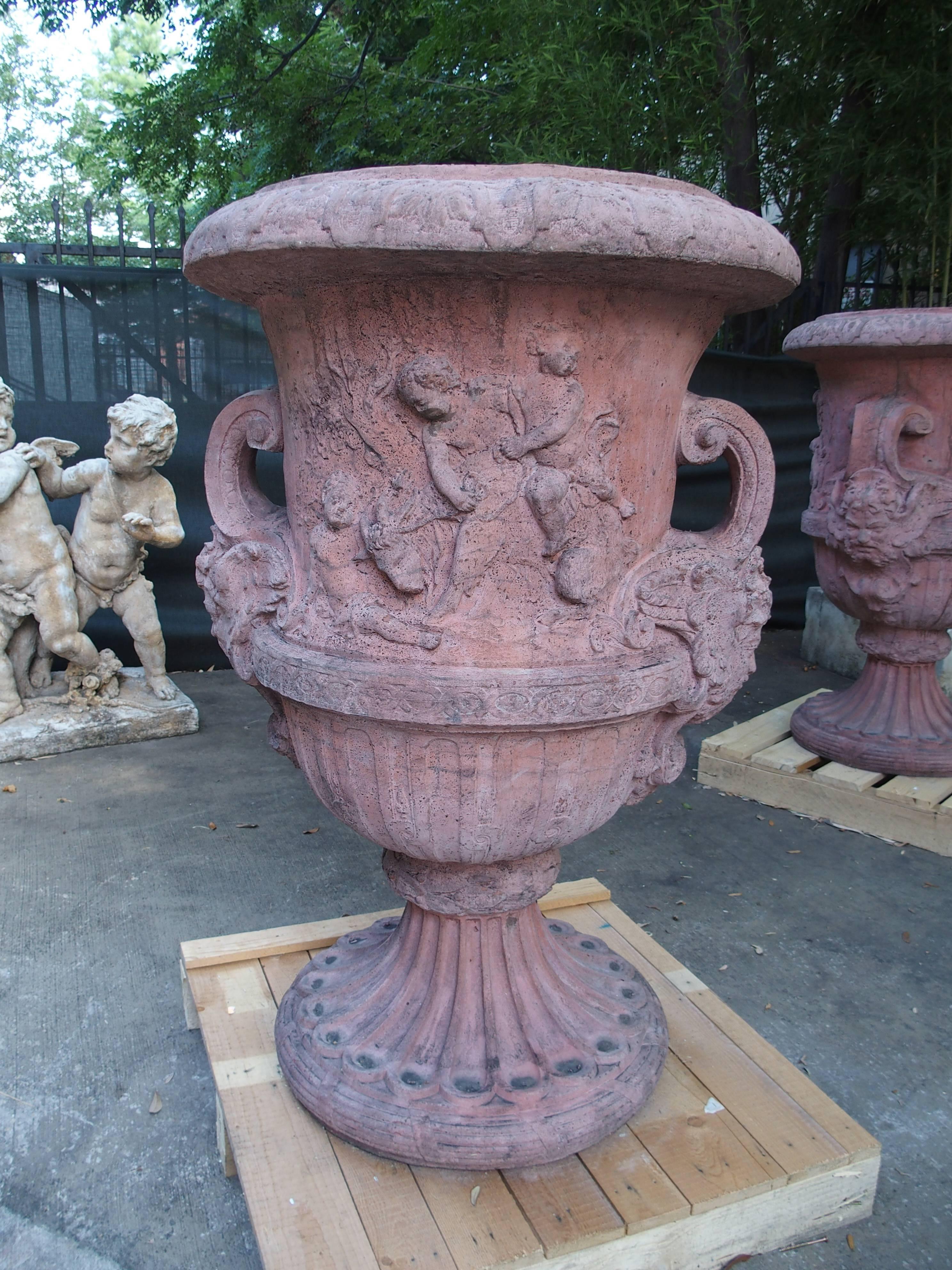 Louis XV Pair of Large French Terra Cotta Colored Cast Stone Urns