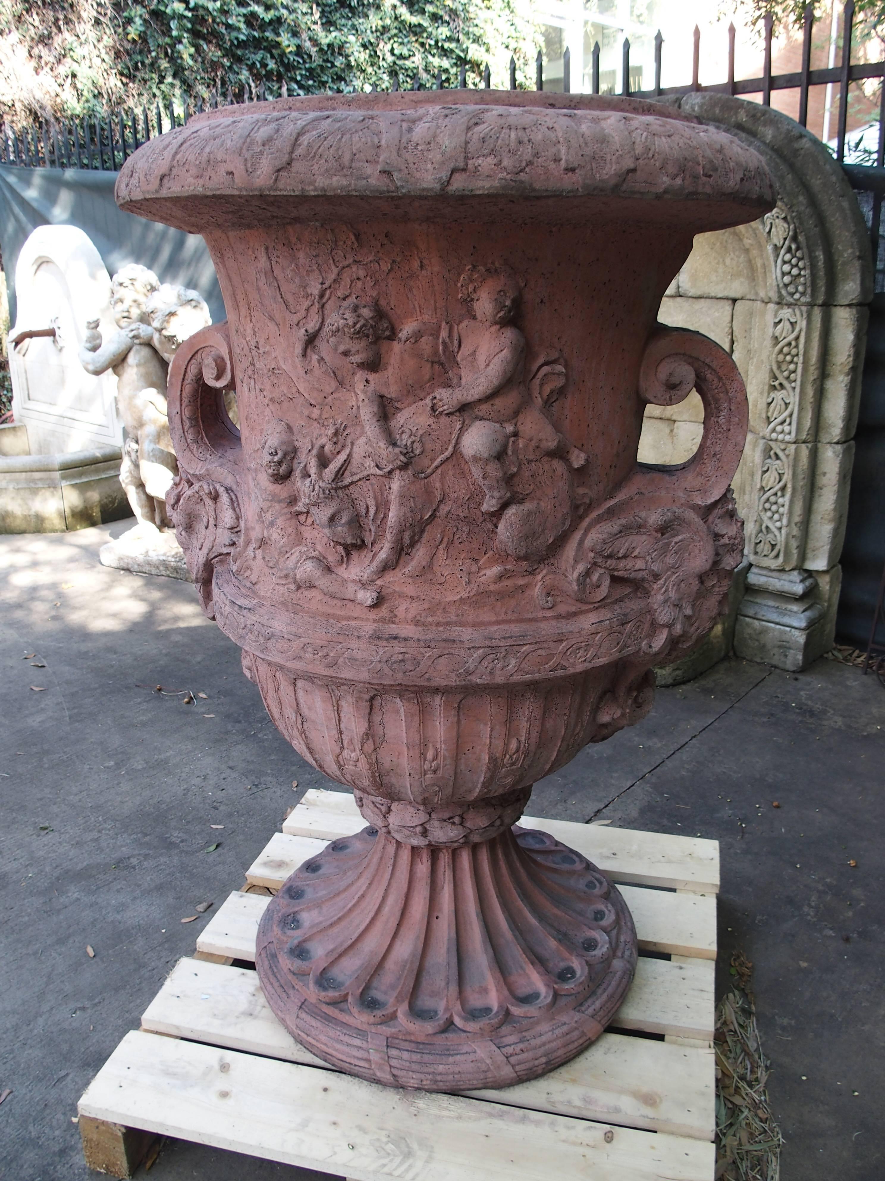 Contemporary Pair of Large French Terra Cotta Colored Cast Stone Urns